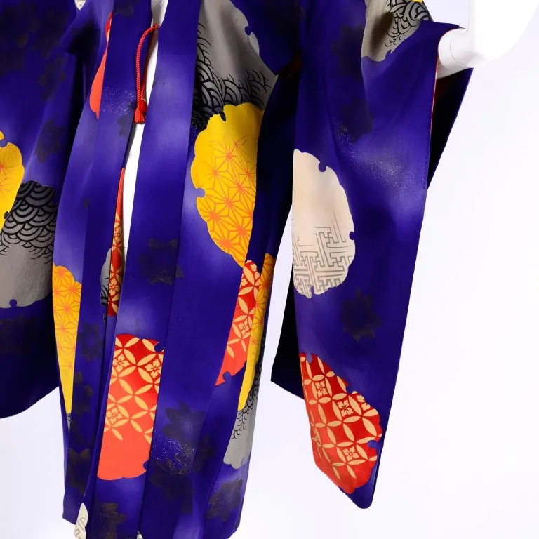 1930s Japanese Haori Kimono Jacket Purple Silk w/ Orange Designs