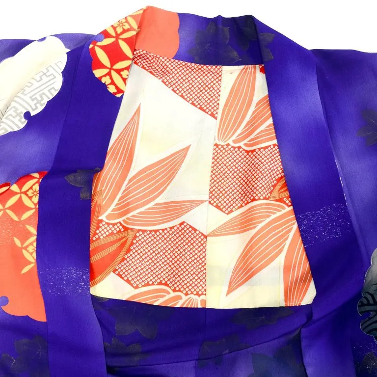 1930s Japanese Haori Kimono Jacket Purple Silk w/ Orange Designs