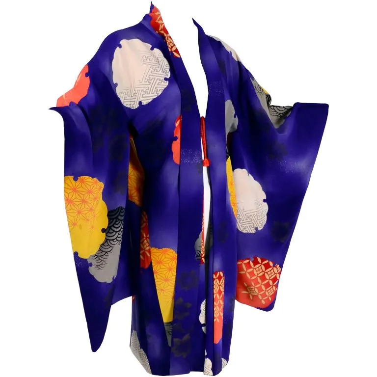 1930s Japanese Haori Kimono Jacket Purple Silk w/ Orange Designs