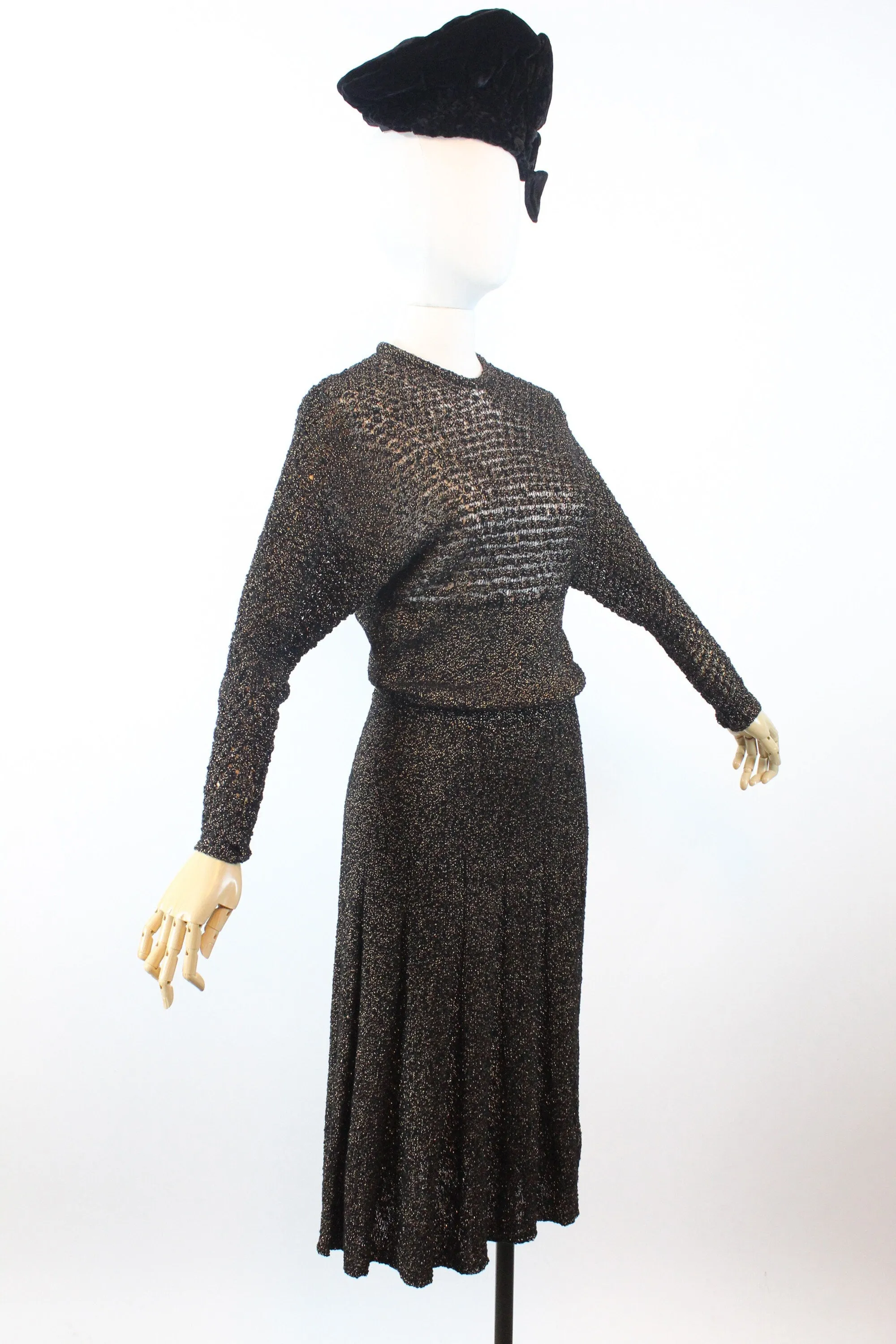 1940s GOLD black KNIT dress small medium | new winter