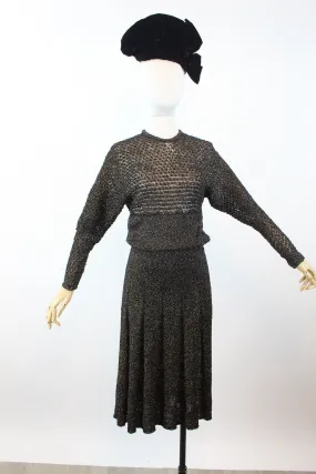 1940s GOLD black KNIT dress small medium | new winter