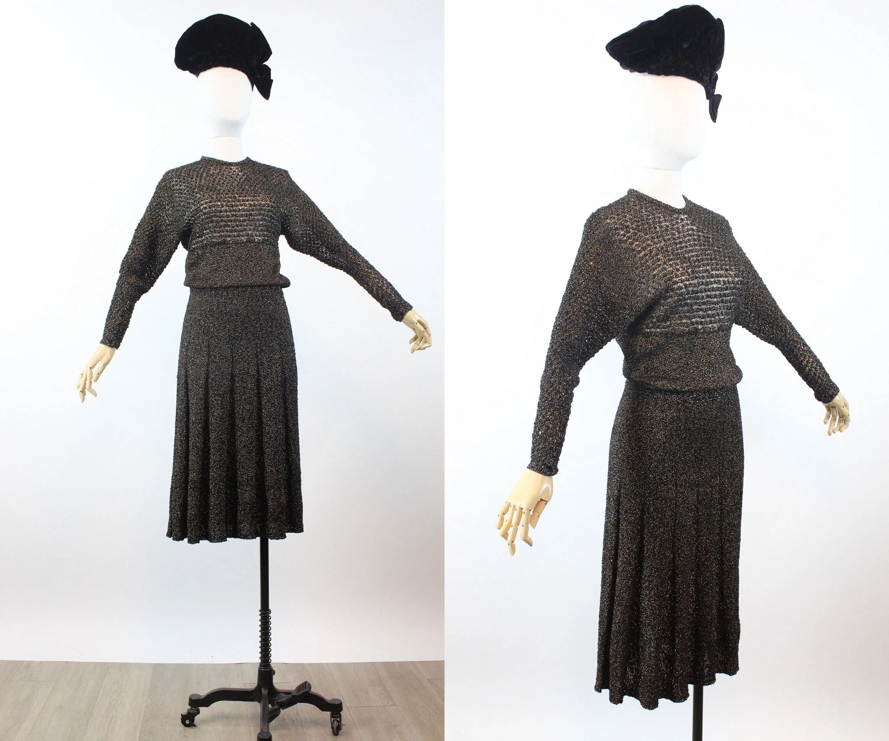 1940s GOLD black KNIT dress small medium | new winter