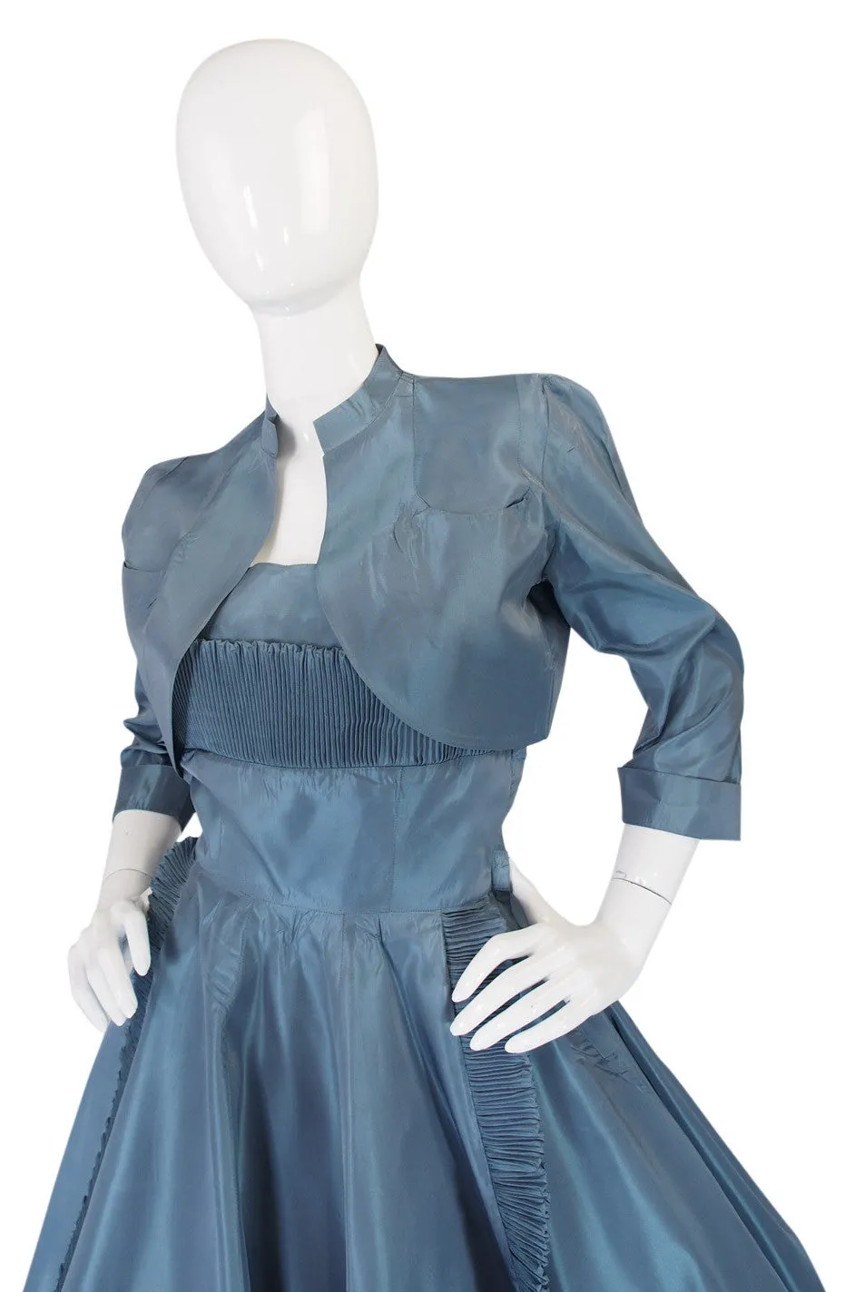 1950s Ice Blue Silk Taffeta Dress & Jacket