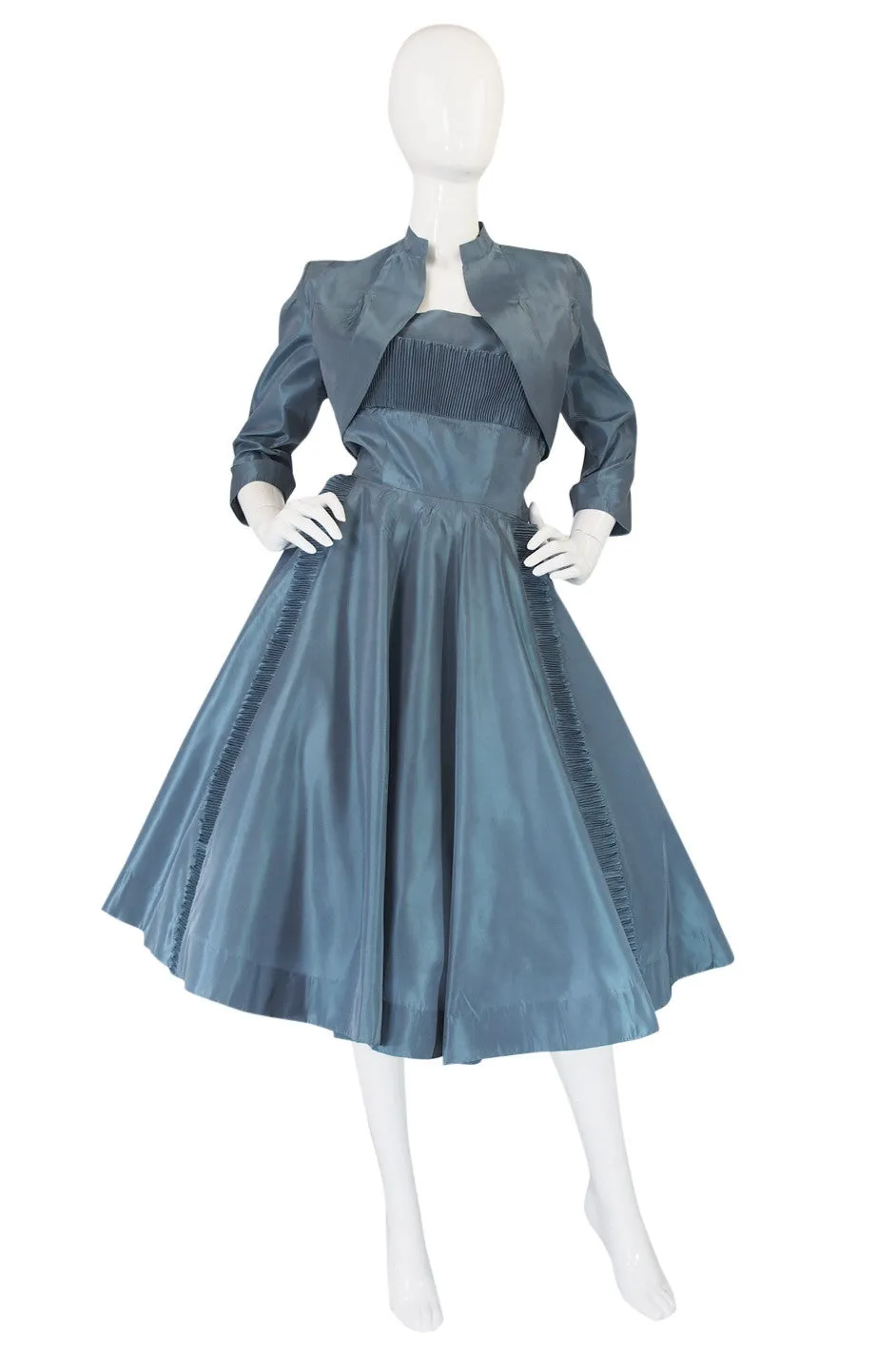 1950s Ice Blue Silk Taffeta Dress & Jacket