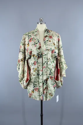 1950s Vintage Silk Haori Kimono Jacket Cardigan / Ivory Floral Print