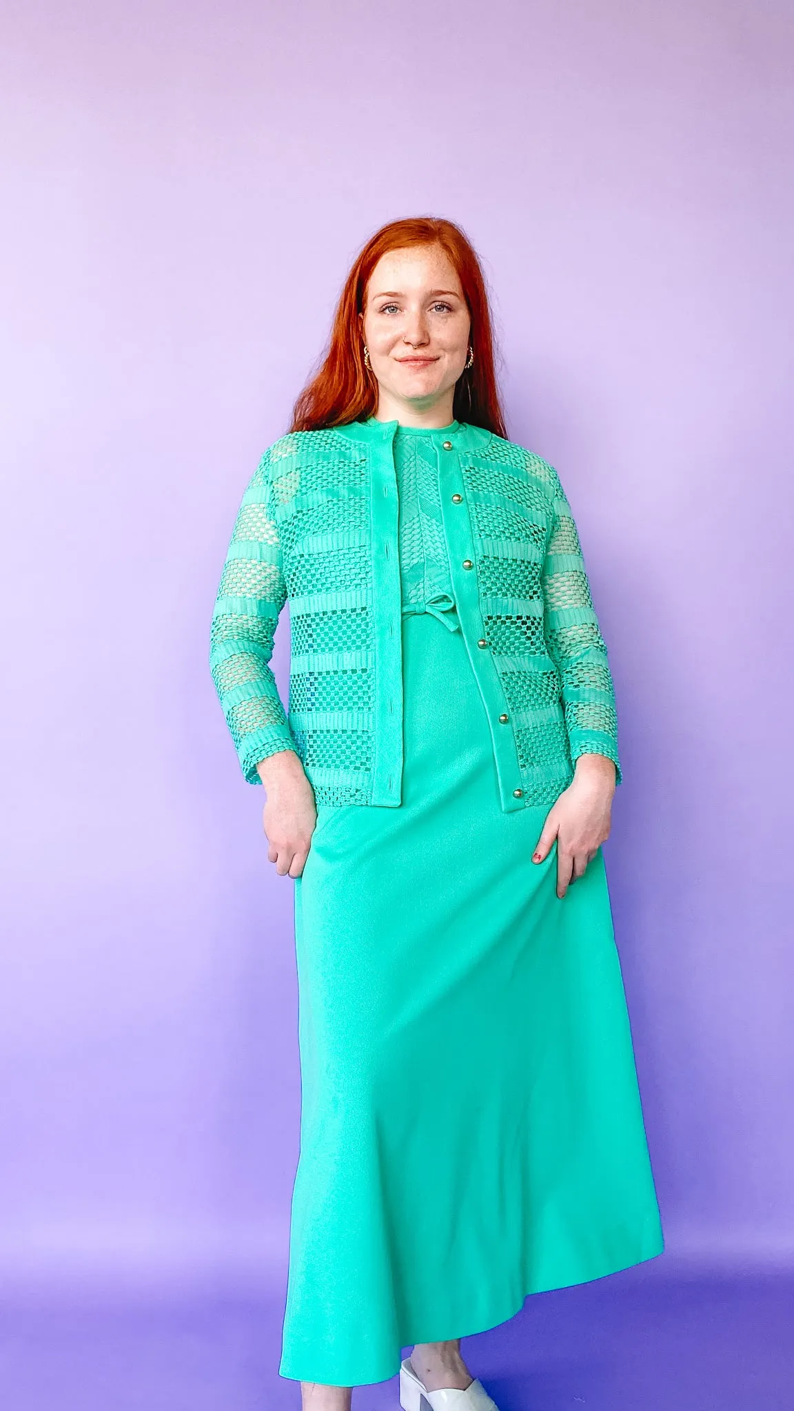 1960s Sea Foam Green Hole-Knit Maxi Dress with Jacket Set, sz. M