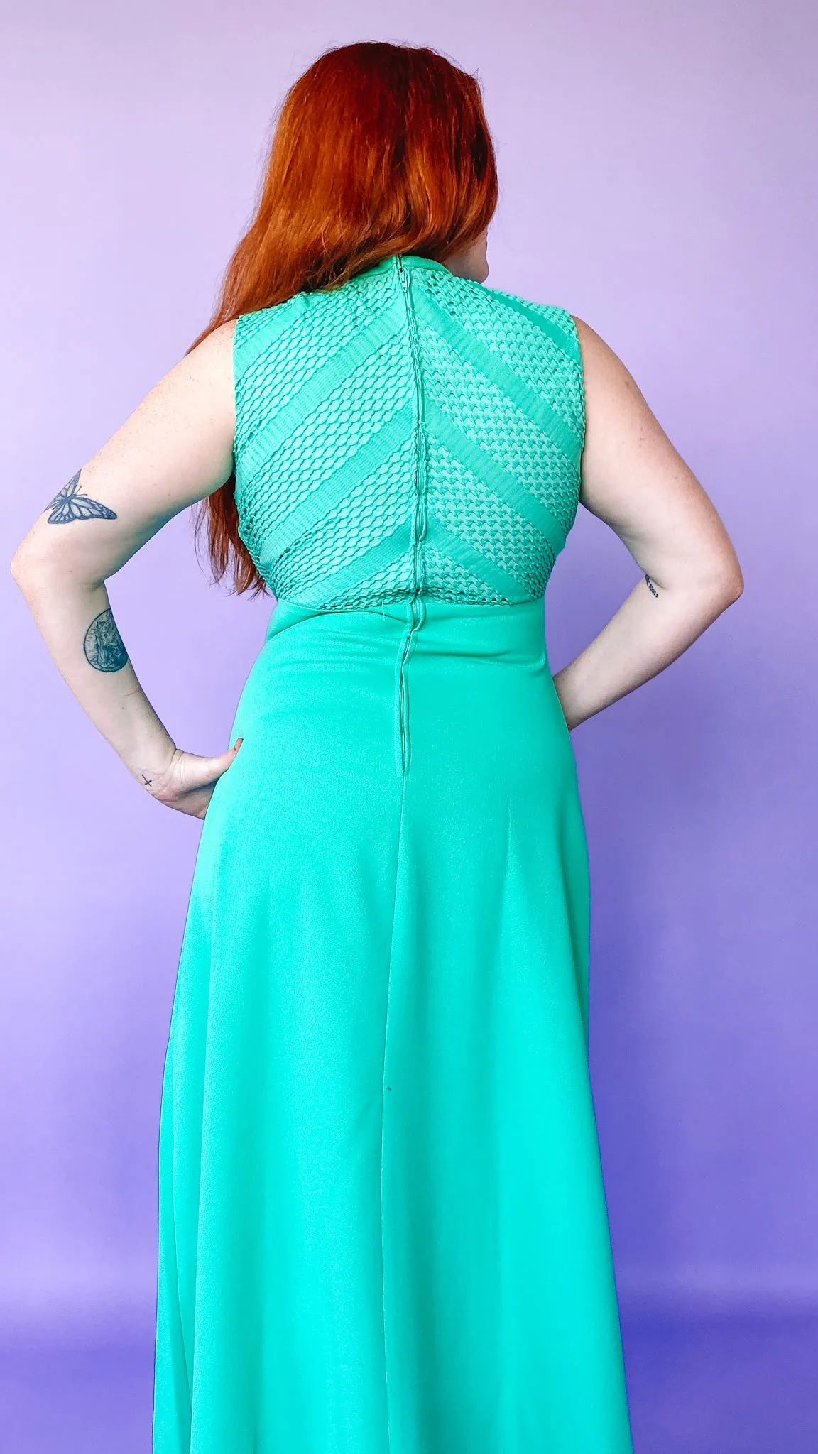 1960s Sea Foam Green Hole-Knit Maxi Dress with Jacket Set, sz. M