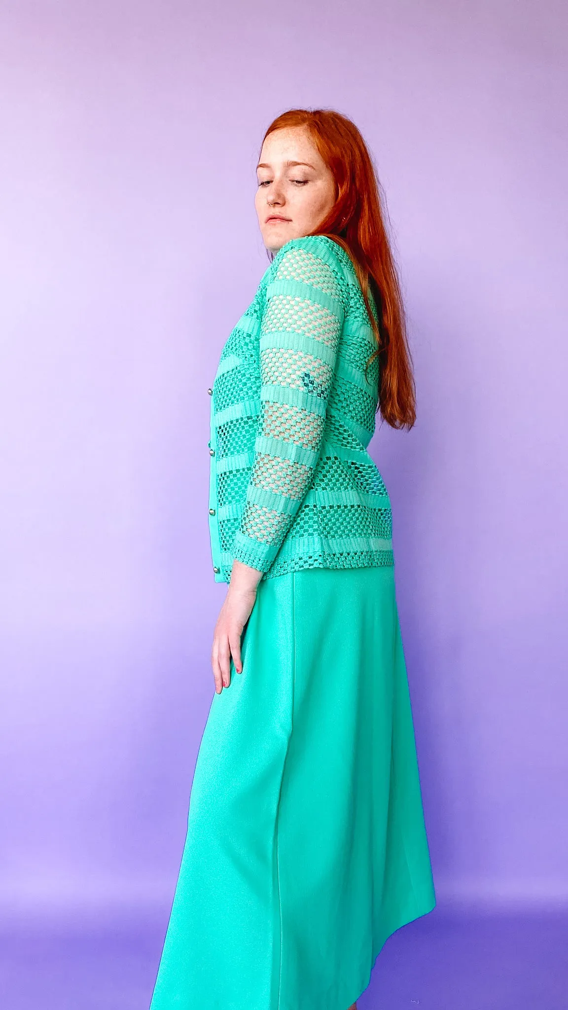 1960s Sea Foam Green Hole-Knit Maxi Dress with Jacket Set, sz. M