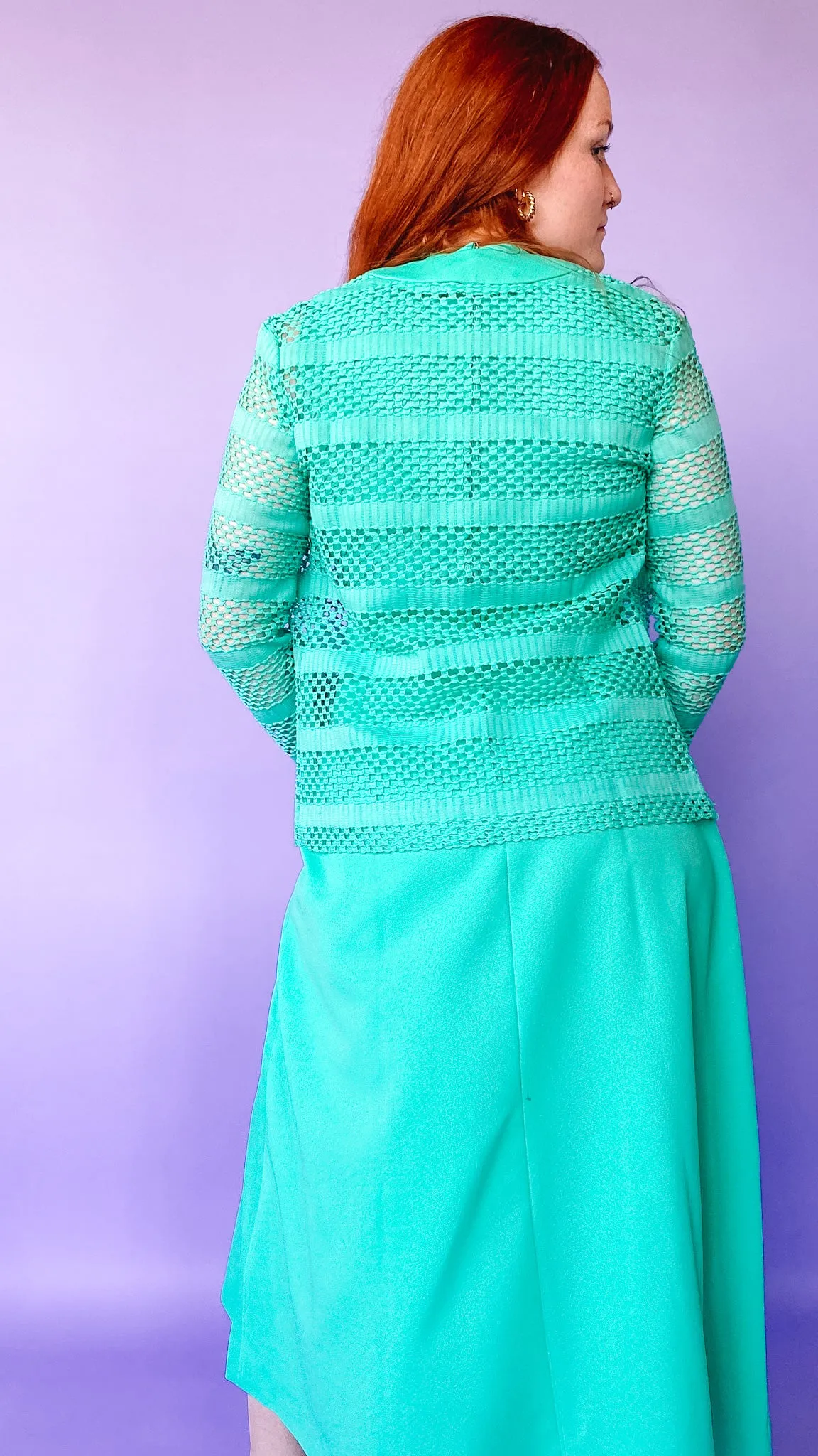 1960s Sea Foam Green Hole-Knit Maxi Dress with Jacket Set, sz. M