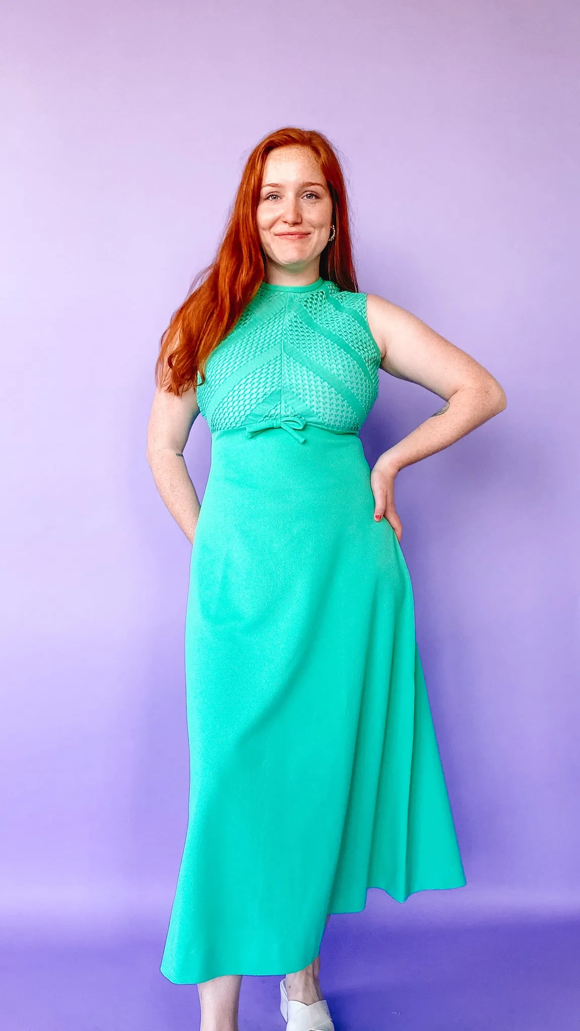 1960s Sea Foam Green Hole-Knit Maxi Dress with Jacket Set, sz. M