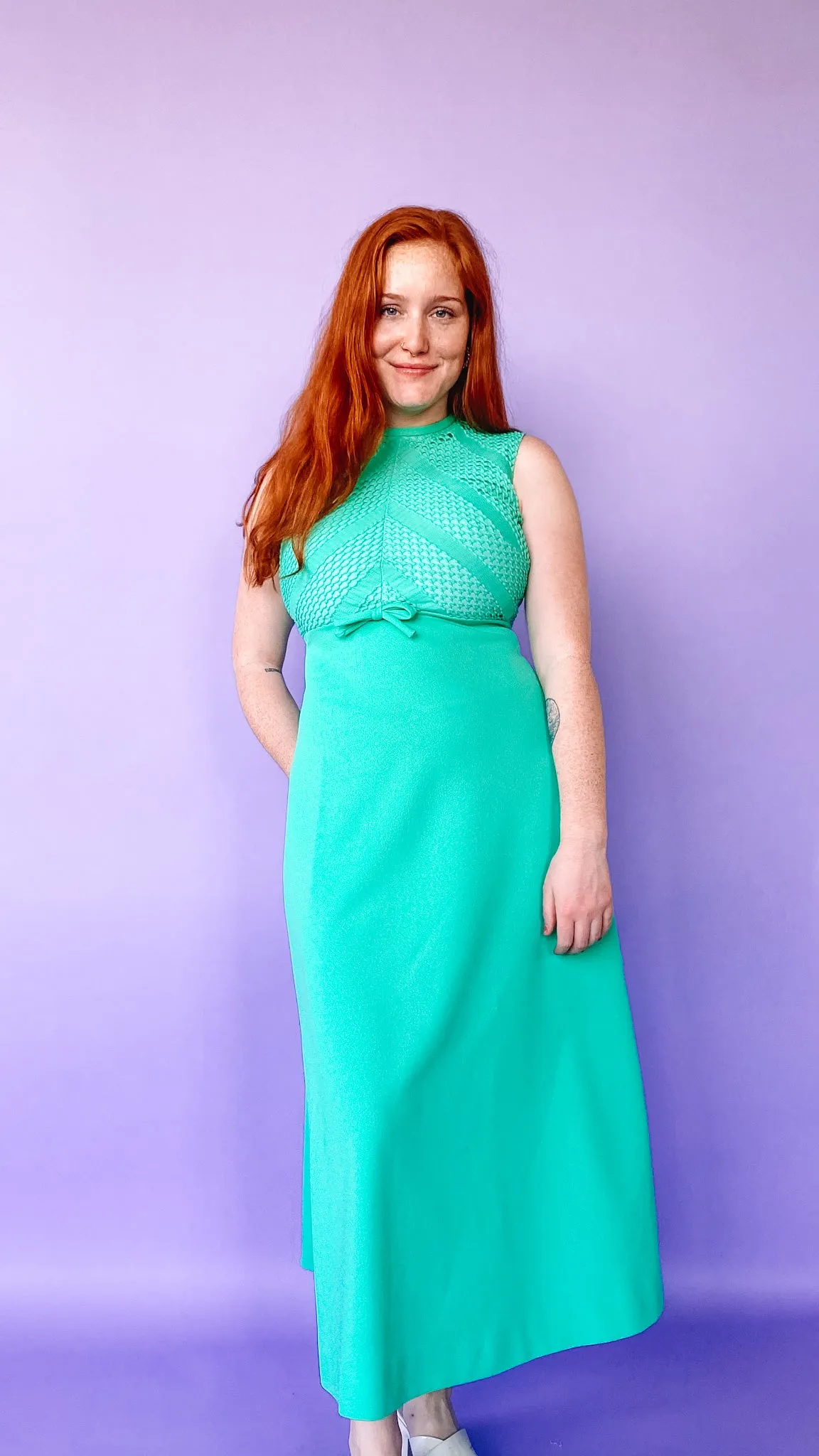 1960s Sea Foam Green Hole-Knit Maxi Dress with Jacket Set, sz. M