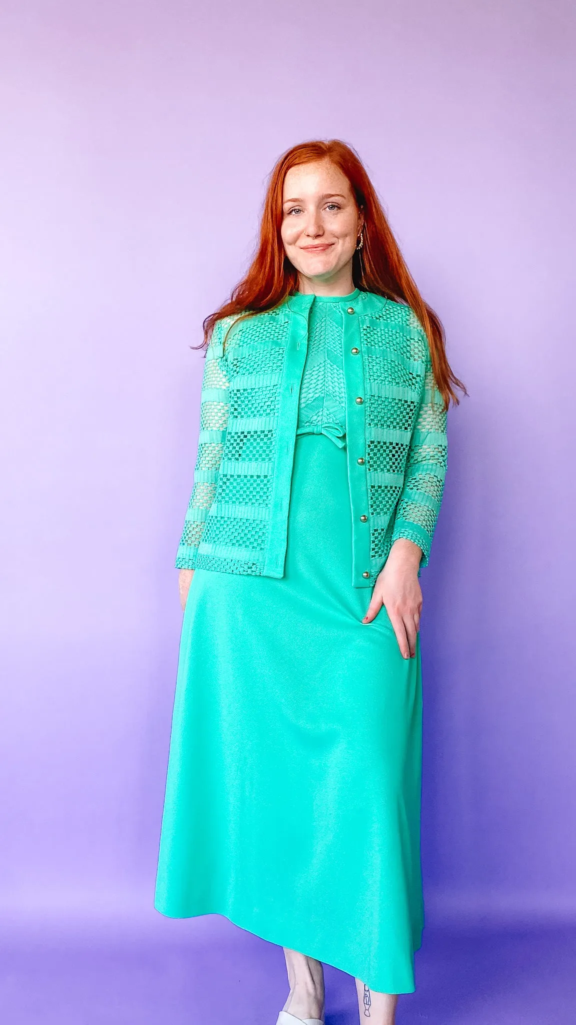 1960s Sea Foam Green Hole-Knit Maxi Dress with Jacket Set, sz. M