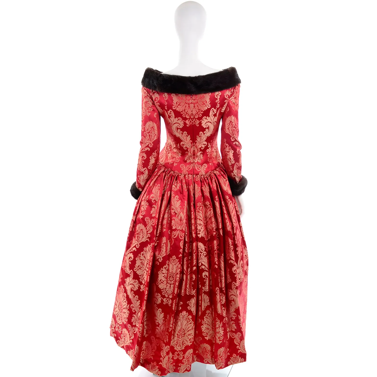 1990s Escada Couture Red Jacquard Evening Gown w/ Mink Trim 6