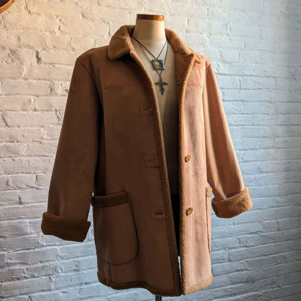 90s Vintage Vegan Suede Faux Fur Coat Penny Lane Neutral Boho Minimalist Jacket