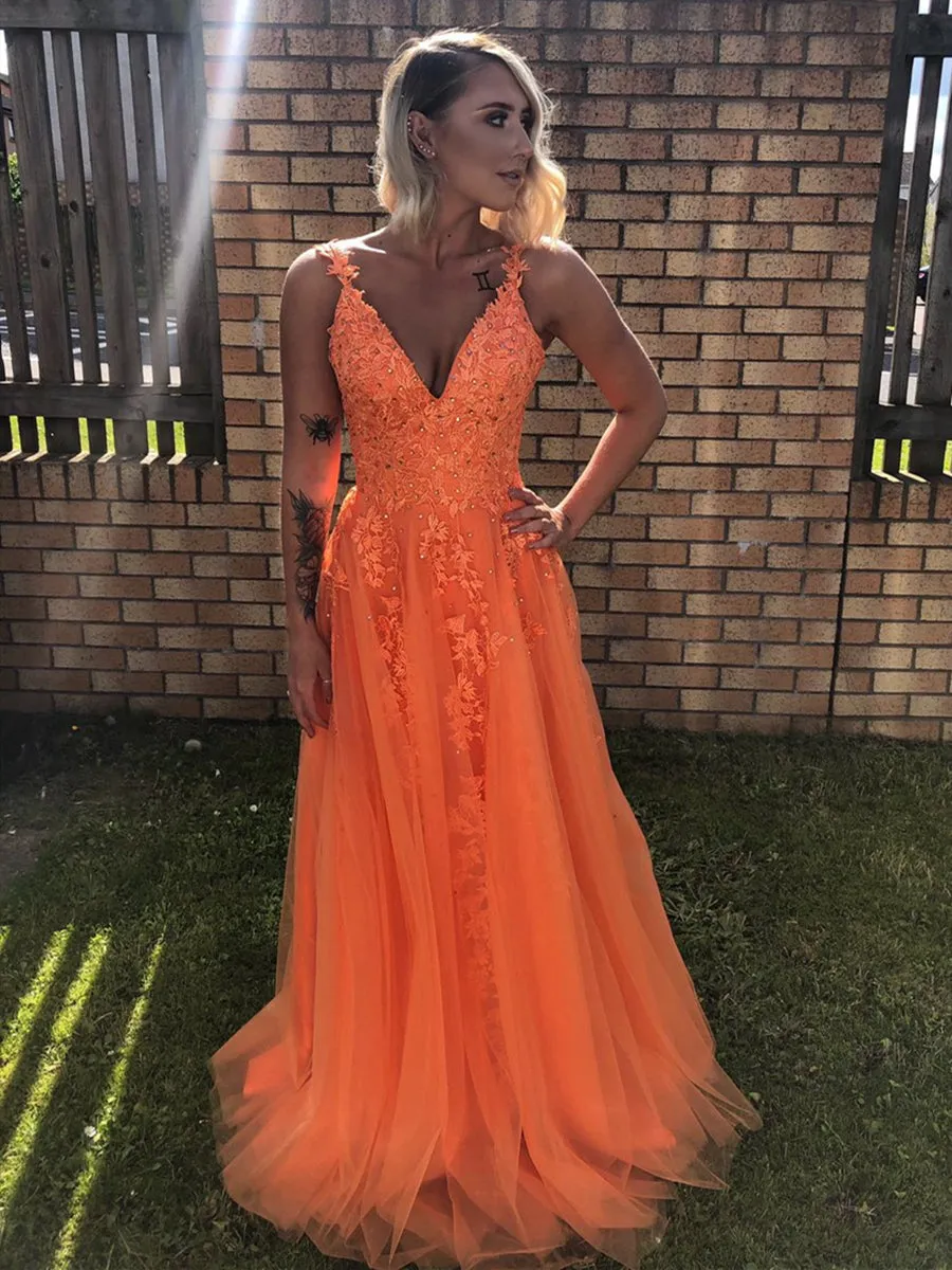 A Line V Neck Backless Lace Yellow Prom, V Neck Lace Formal, Yellow Lace Evening