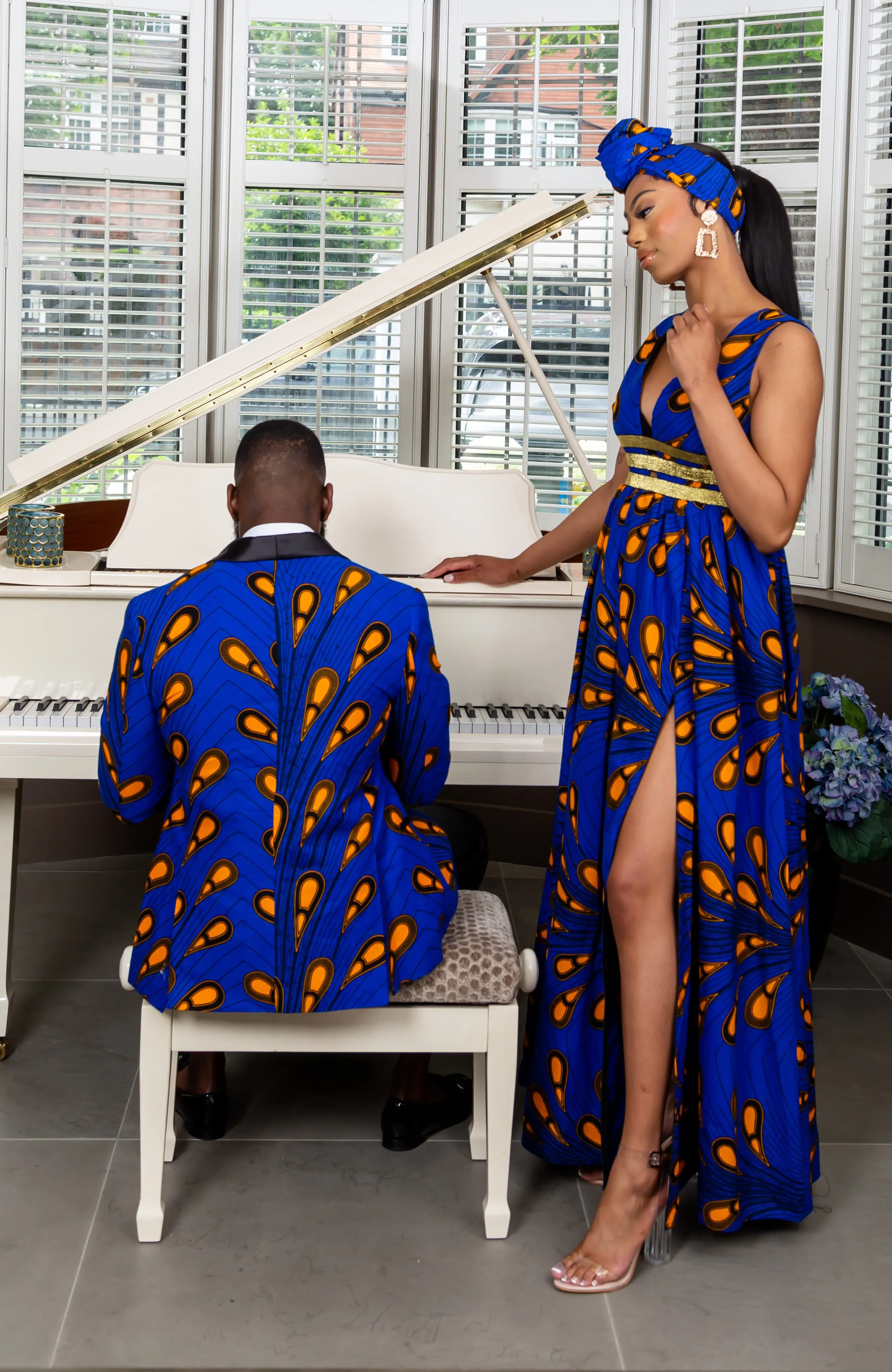 African Print Blue Plunge Neckline Maxi Dress - ELLA