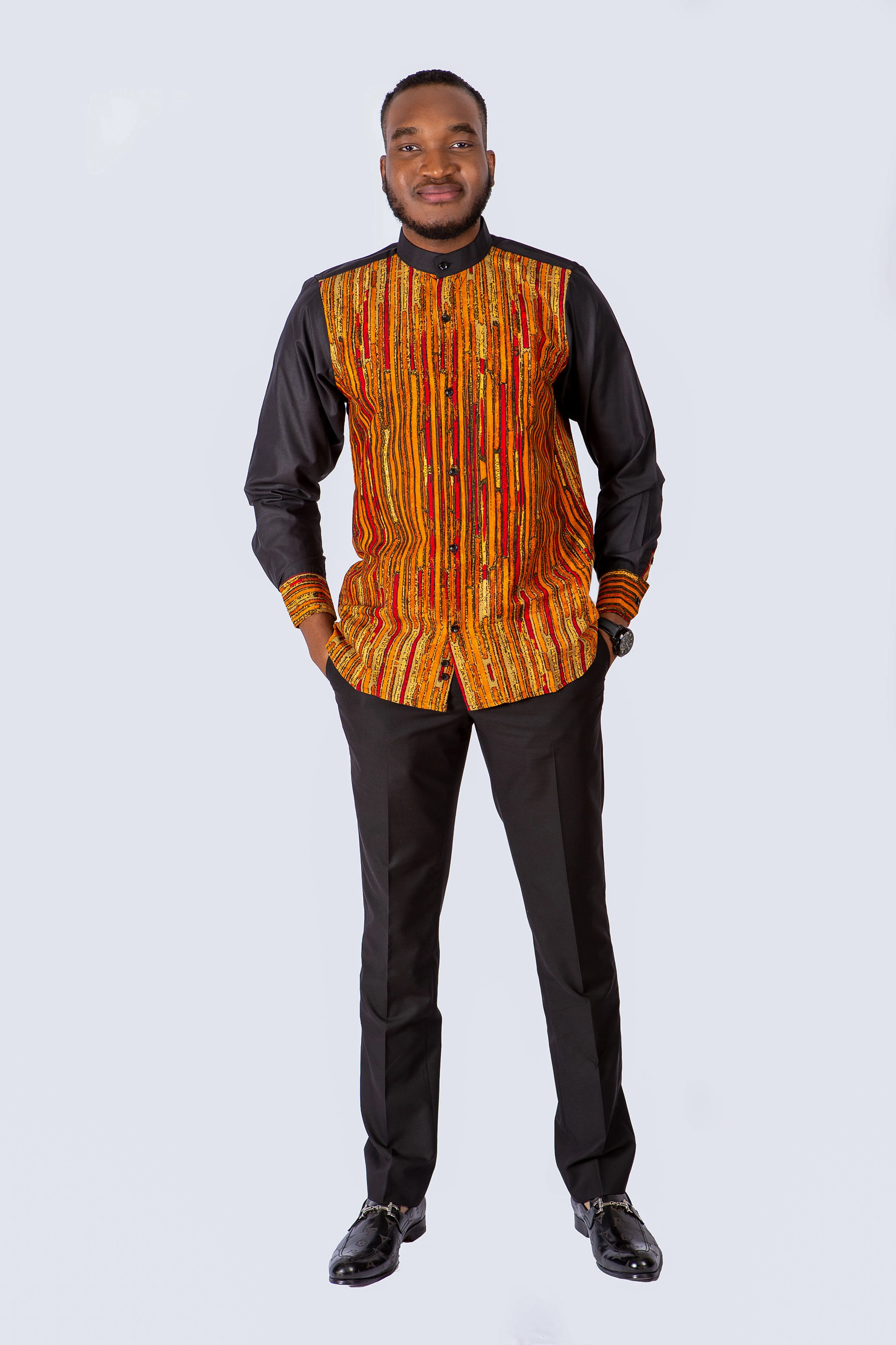 AFRICAN PRINT TATA EMBELLISHED LONG SLEEVE SHIRT.