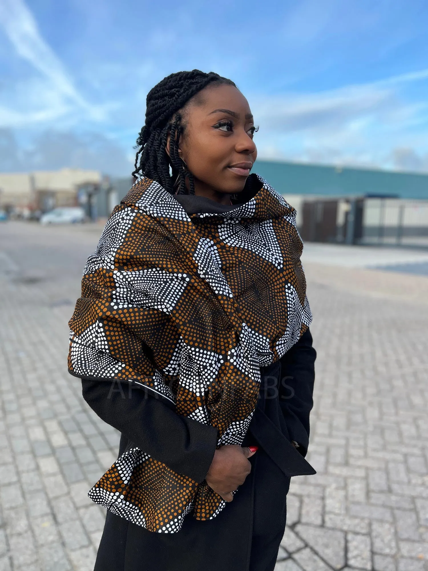 African print Winter scarf for Adults Unisex - Mustard / brown