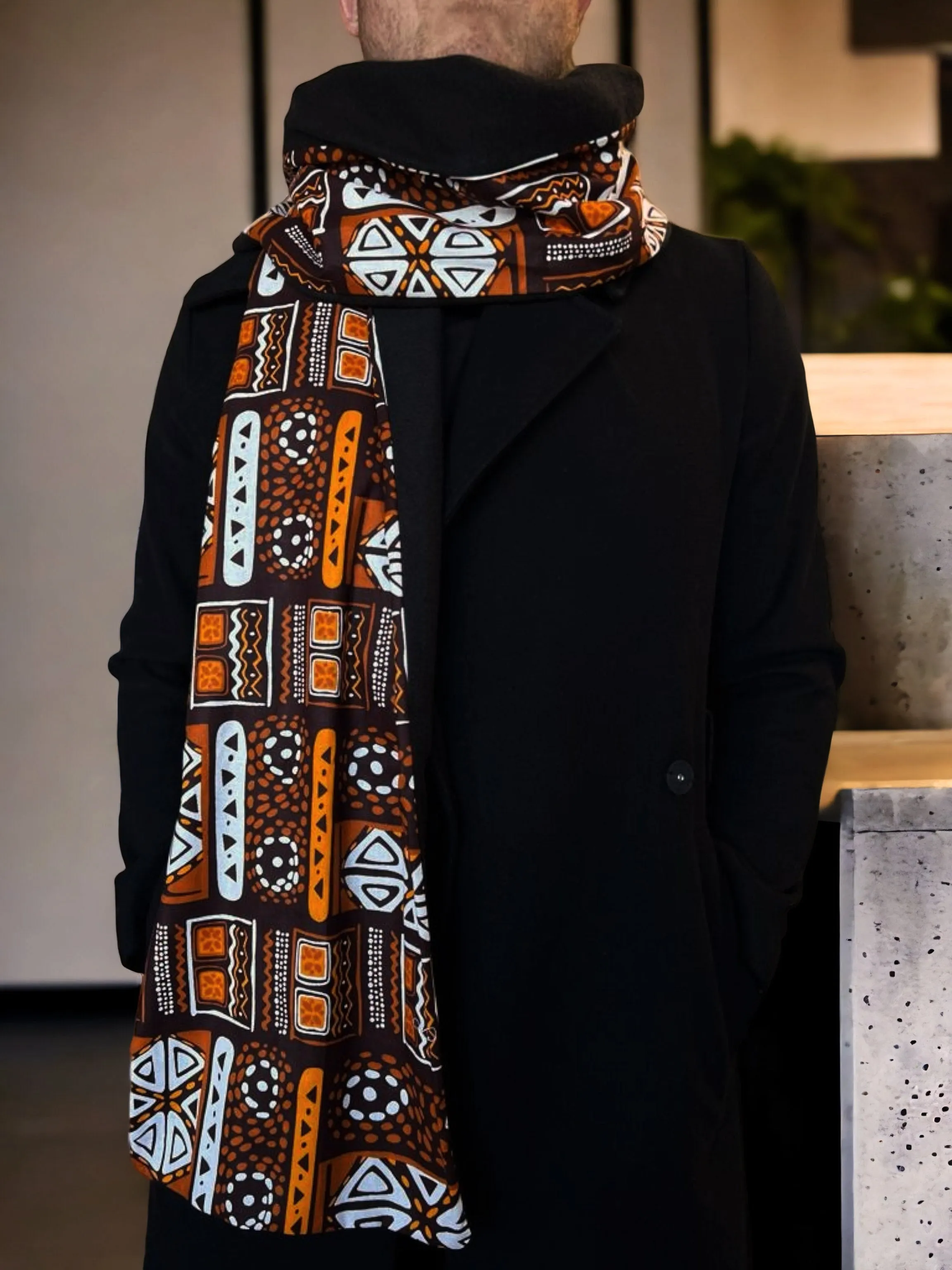 African print Winter scarf for Men - Brown Patterns Bogolan