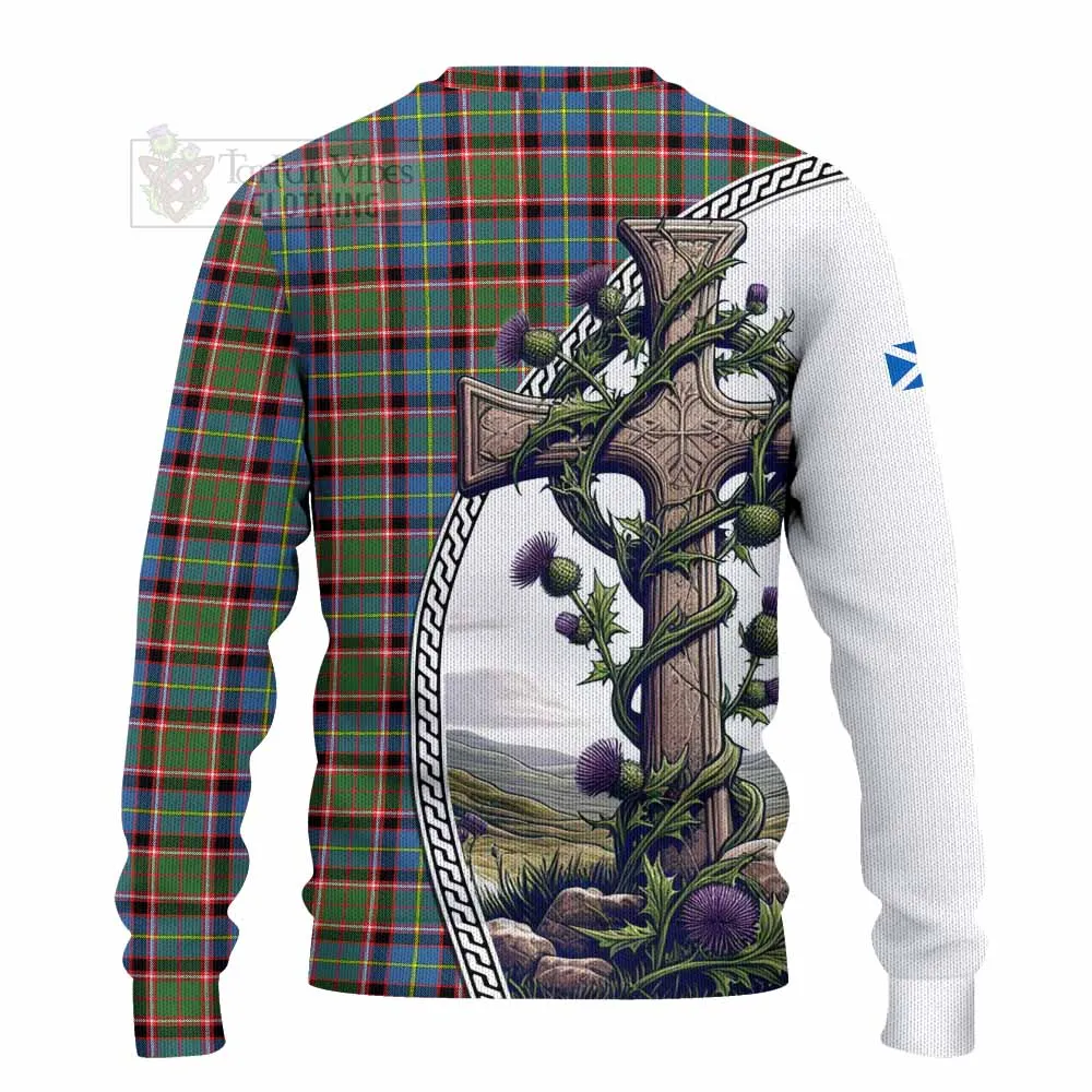 Aikenhead Tartan Knitted Sweater with Family Crest and St. Andrew's Cross Accented by Thistle Vines