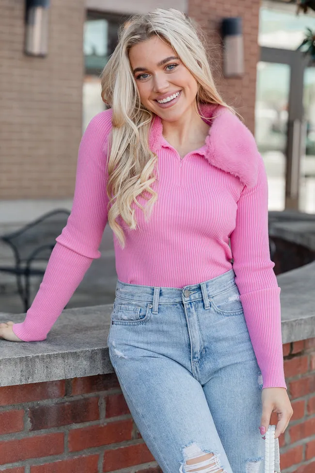 Always Be With You Pink Fur Collar Ribbed Top FINAL SALE