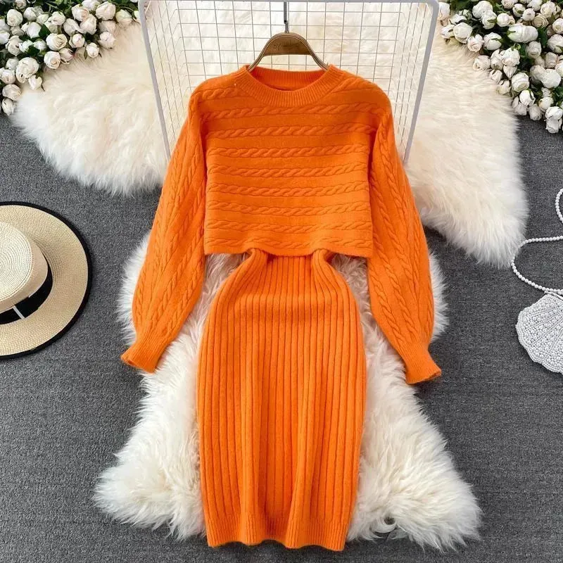 Autumn Winter Sassy Woolen Knitted Two Piece Midi Sweater Dress Outfit set