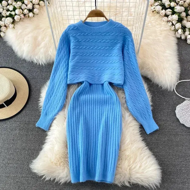 Autumn Winter Sassy Woolen Knitted Two Piece Midi Sweater Dress Outfit set