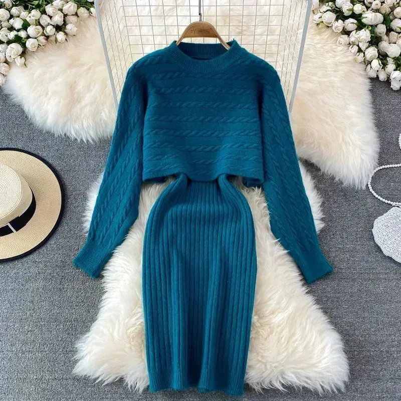 Autumn Winter Sassy Woolen Knitted Two Piece Midi Sweater Dress Outfit set