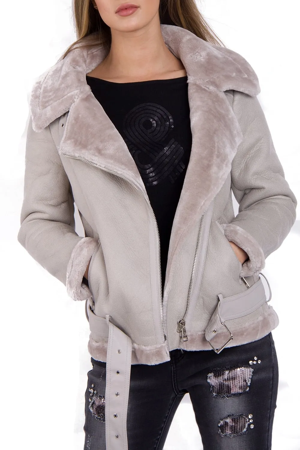 Aviator Fleece Lined Belted Biker Jacket Coat With Silver Buckle