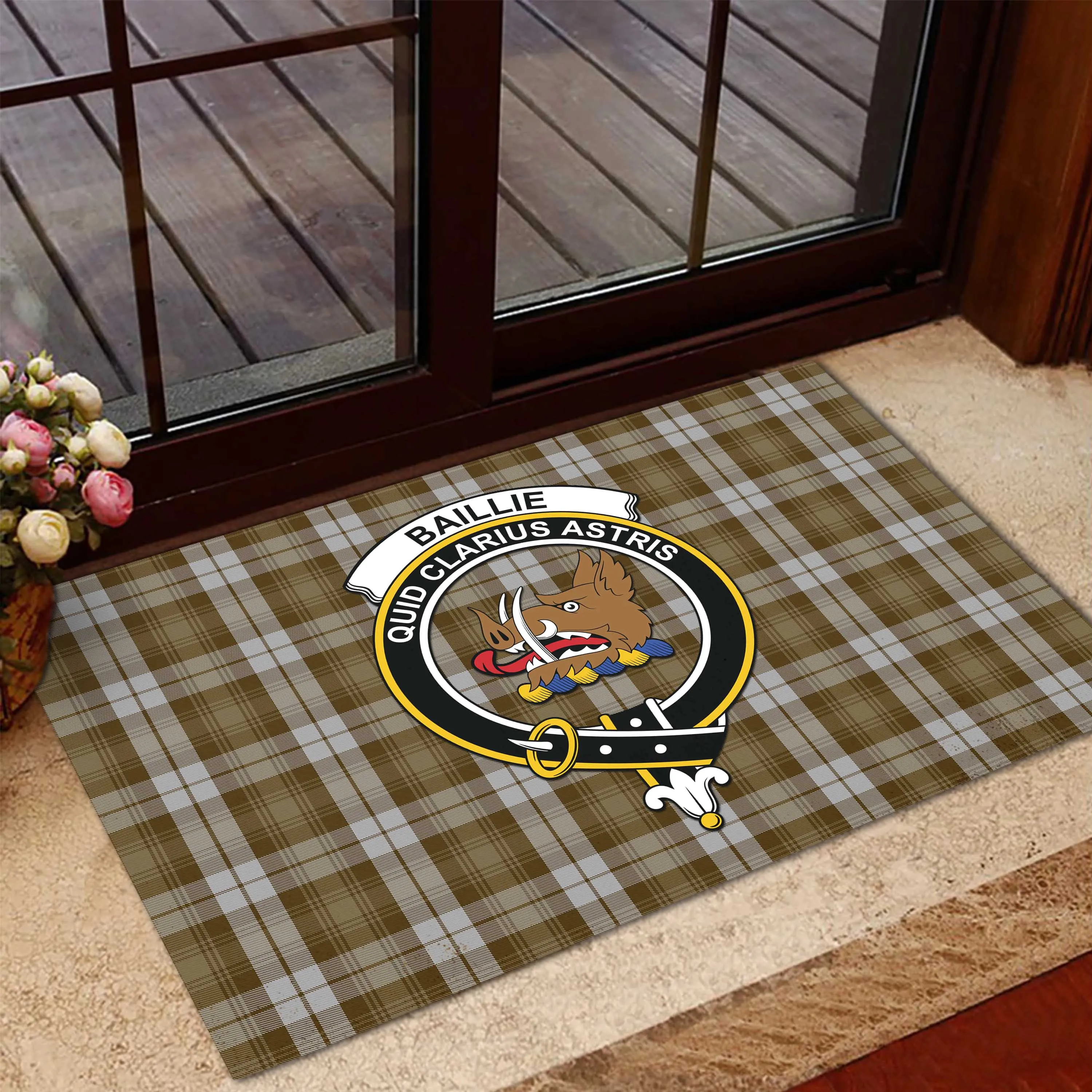 Baillie Dress Tartan Door Mat with Family Crest