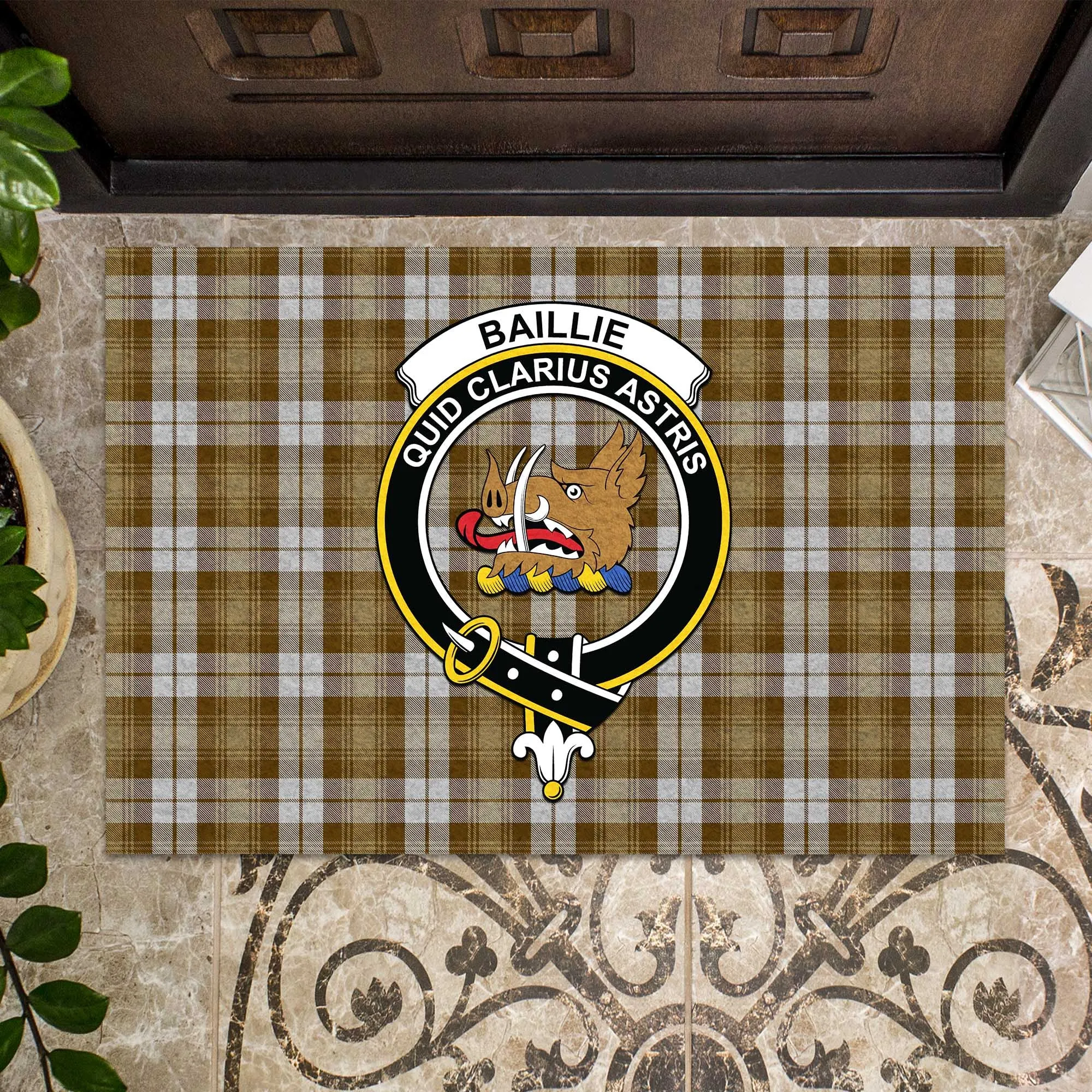 Baillie Dress Tartan Door Mat with Family Crest