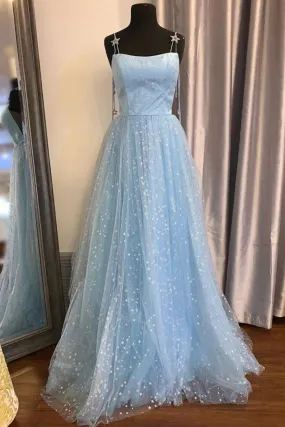 Beautiful Sky Blue Tulle Star A-line Long Prom Dress Formal Dresses,maxi dresses