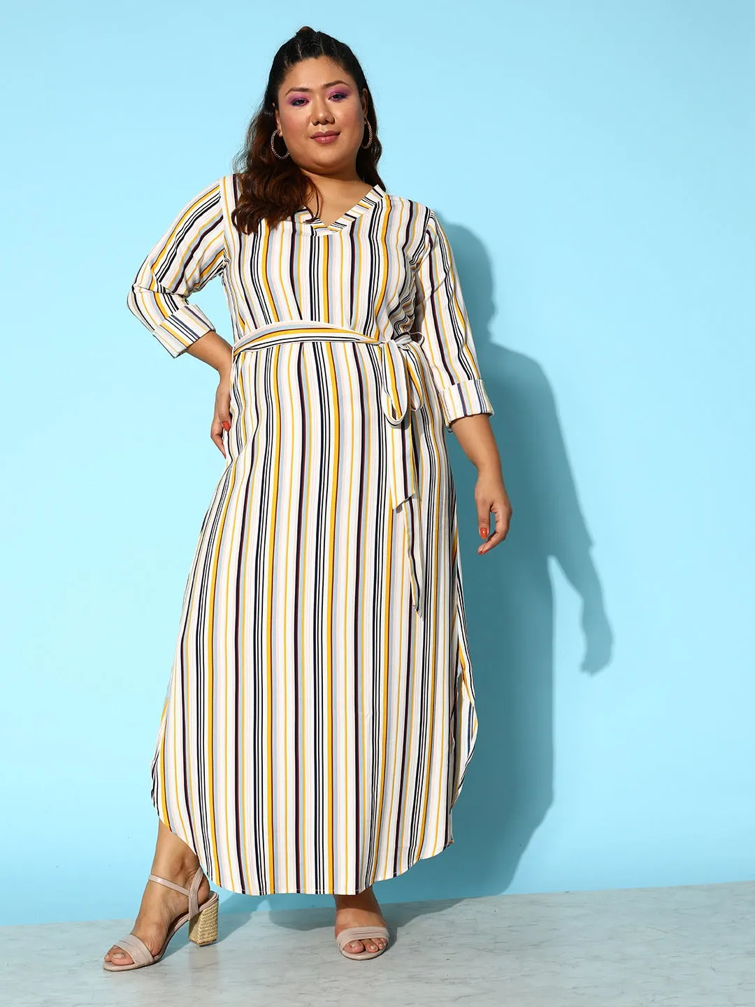 Berrylush Women Plus Size Multicolour Stripe Printed V-Neck Waist Tie-Up Crepe Curved Hem Maxi Dress