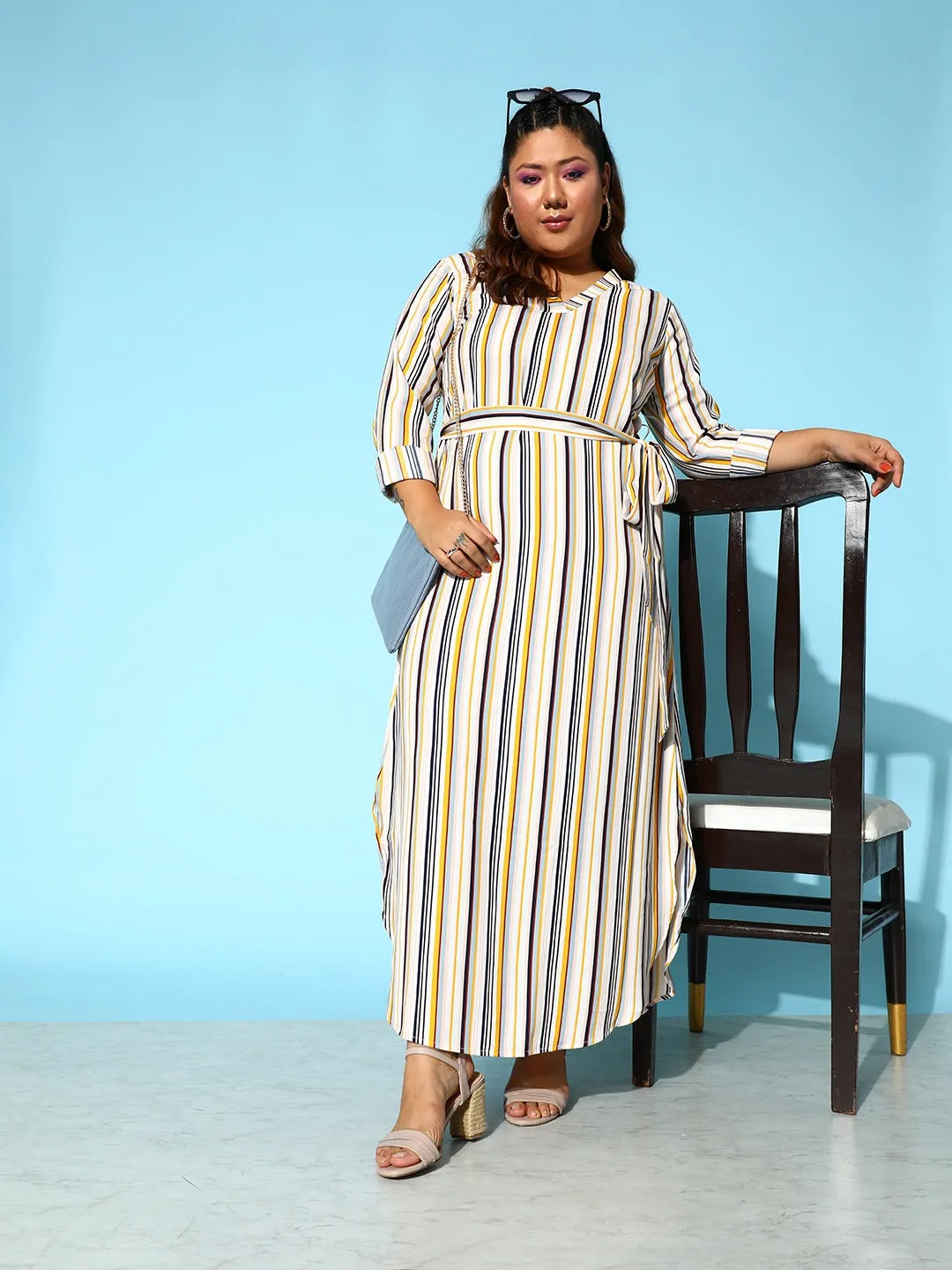 Berrylush Women Plus Size Multicolour Stripe Printed V-Neck Waist Tie-Up Crepe Curved Hem Maxi Dress