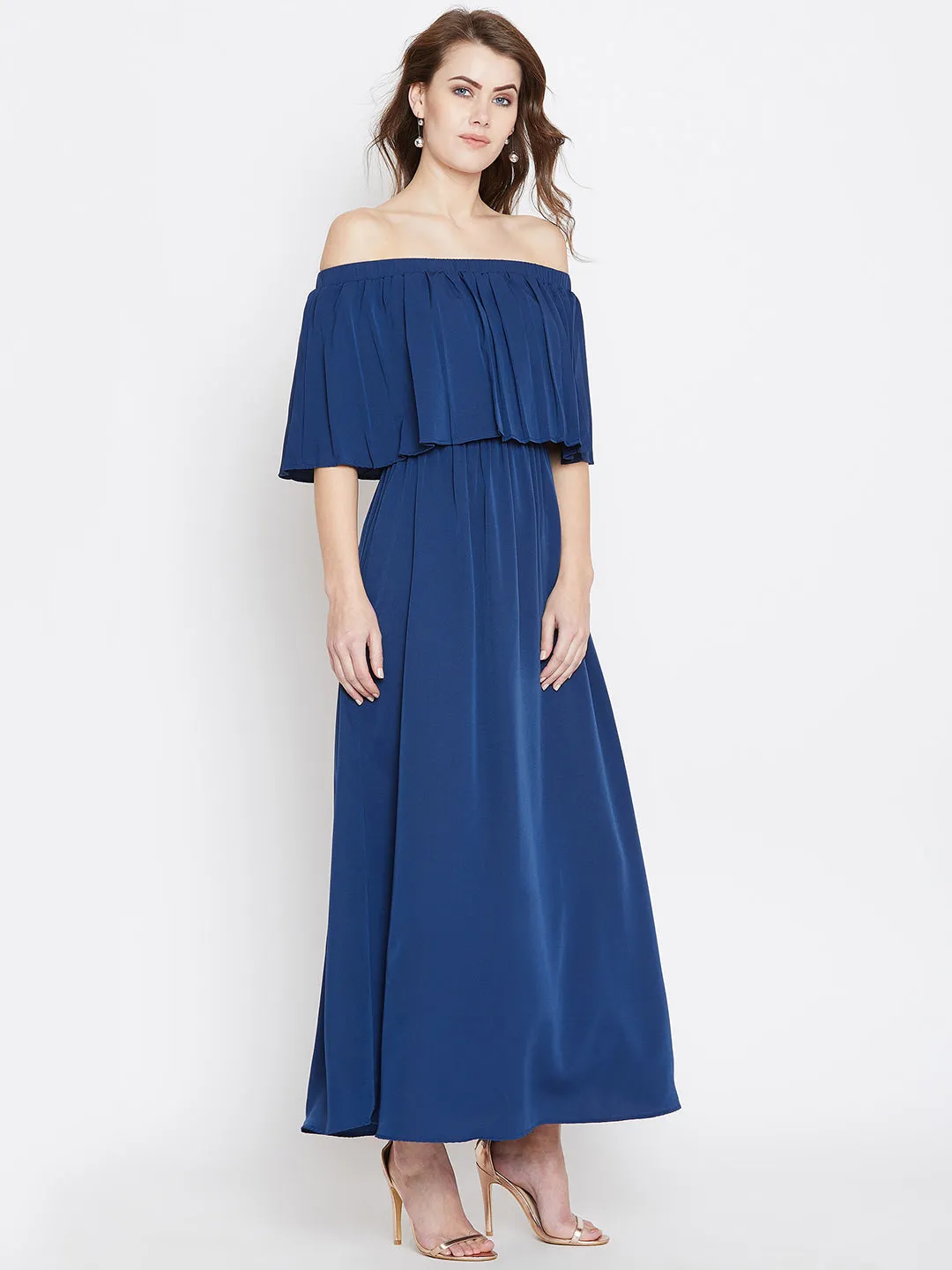 Berrylush Women Solid Blue Off-Shoulder Neck Three-Quarter Sleeve Crepe Flared Maxi Dress