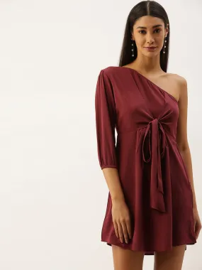 Berrylush Women Solid Maroon One Shoulder Mini Dress