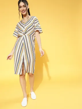 Berrylush Women Yellow & Off-White Stripe Printed V-Neck Front Slit Pleated A-Line Mini Dress