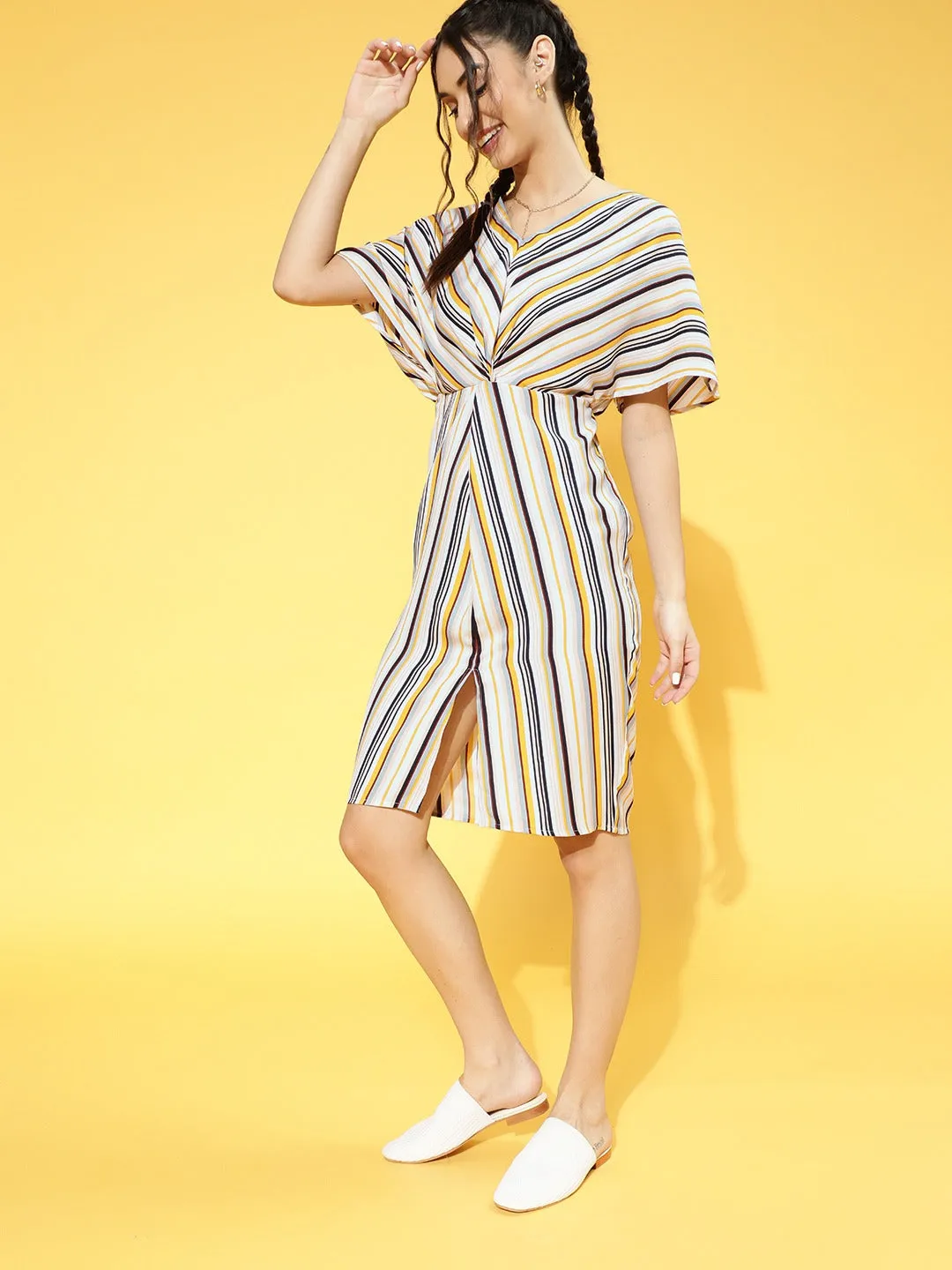 Berrylush Women Yellow & Off-White Stripe Printed V-Neck Front Slit Pleated A-Line Mini Dress