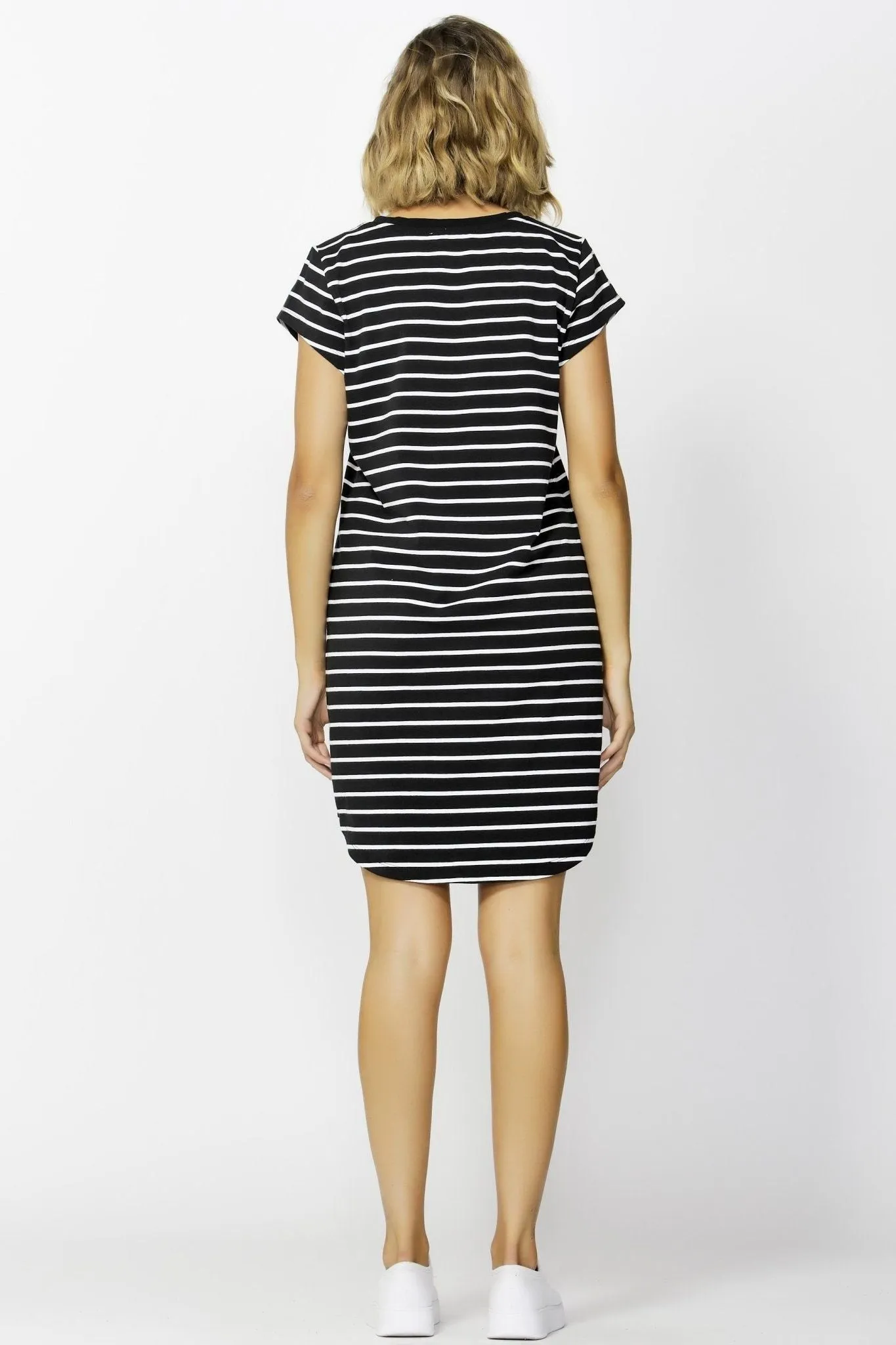 Betty Basics Ava V-Neck Mini Dress in Black with White Stripe