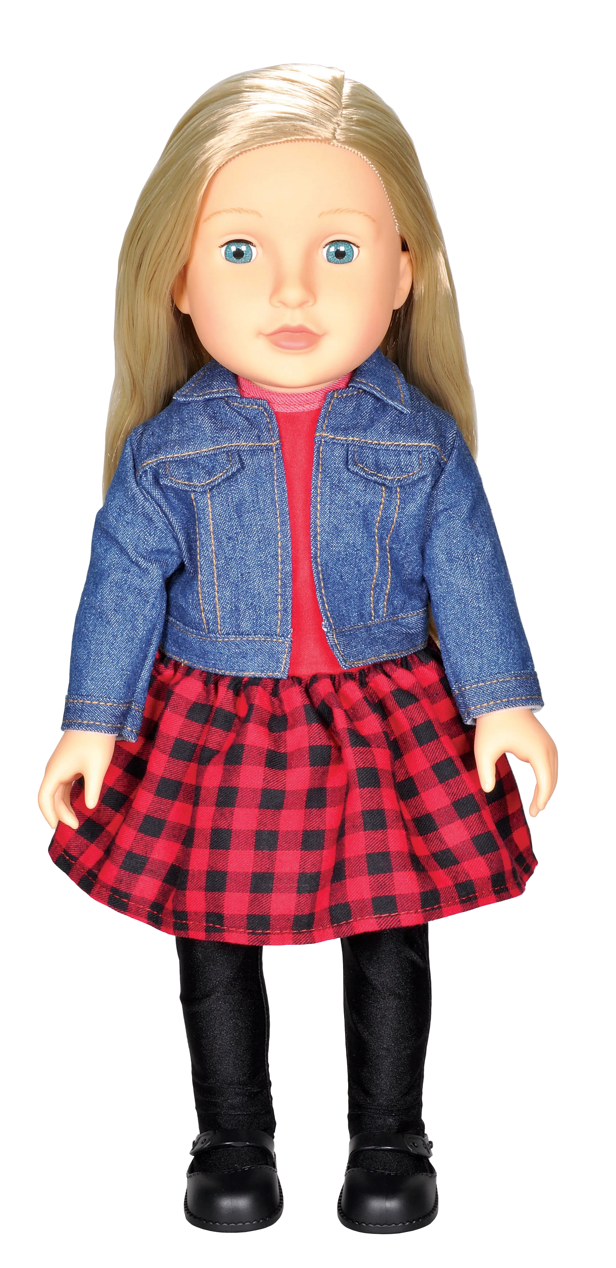 Beverly Hills 18" Doll with Blonde Hair, Dressed in a Red Dress and Denim Jacket