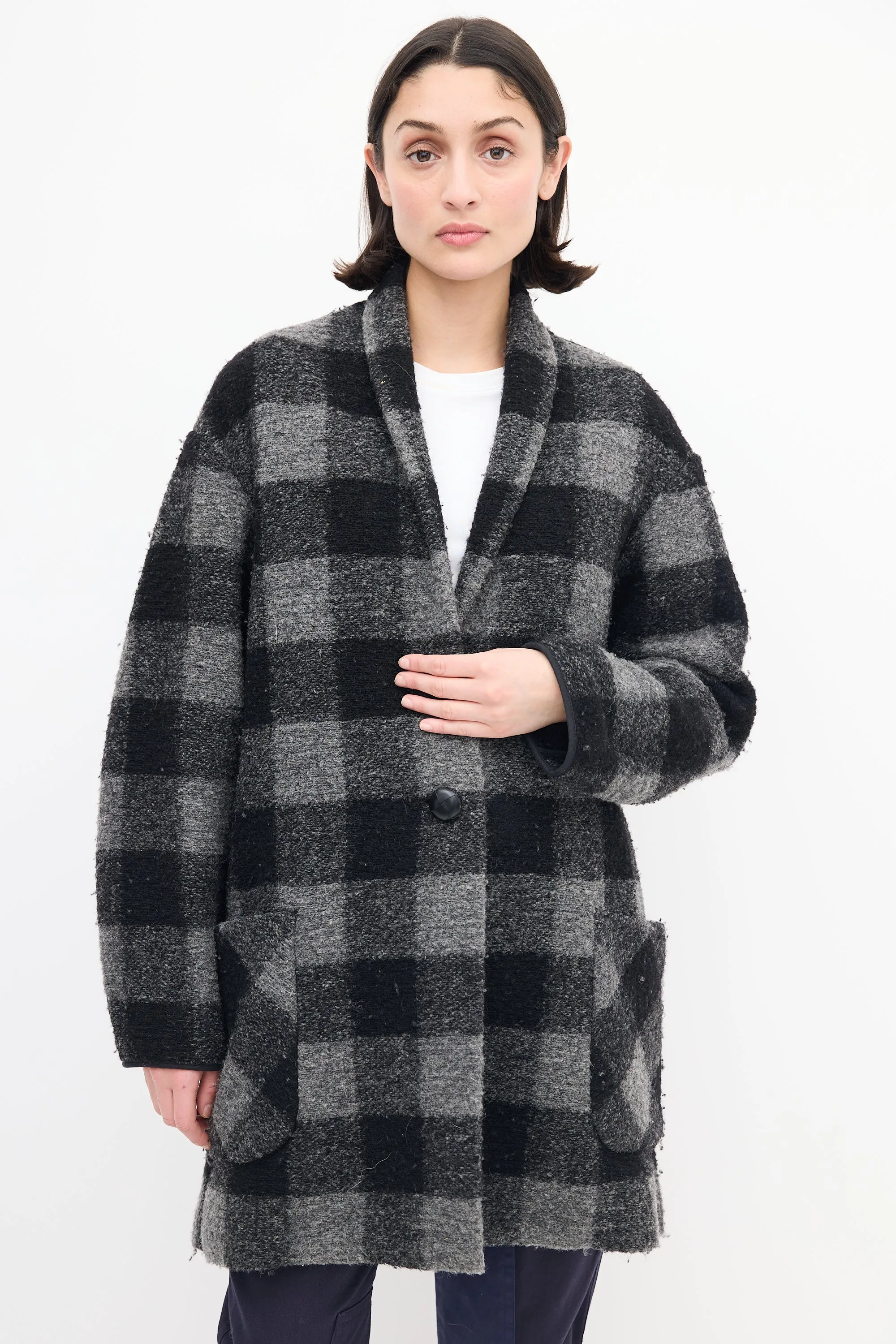 Black & Grey Checkered Wool Coat