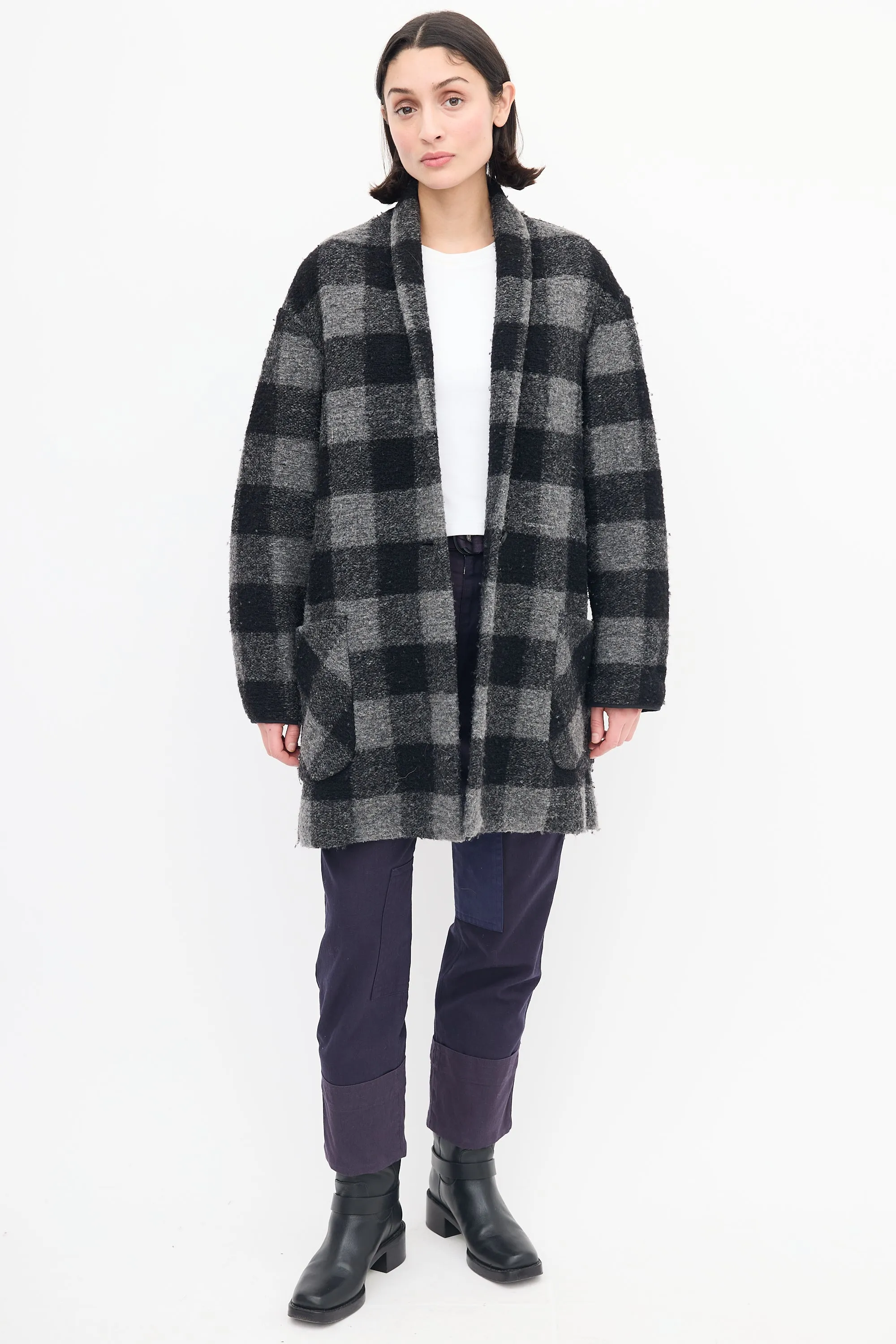 Black & Grey Checkered Wool Coat