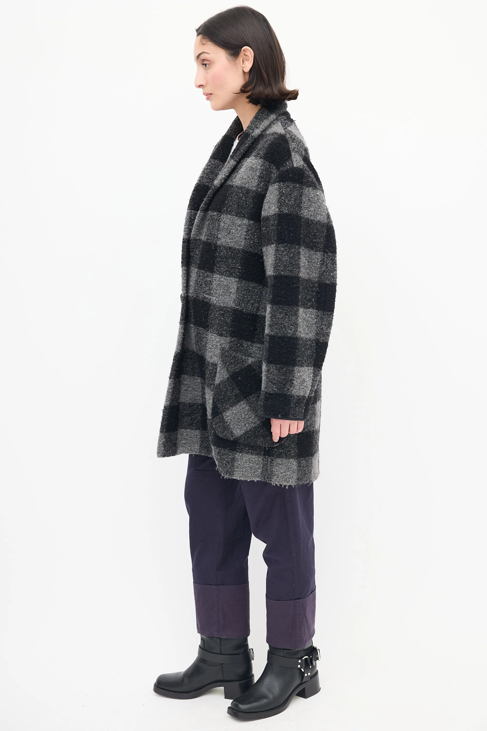 Black & Grey Checkered Wool Coat