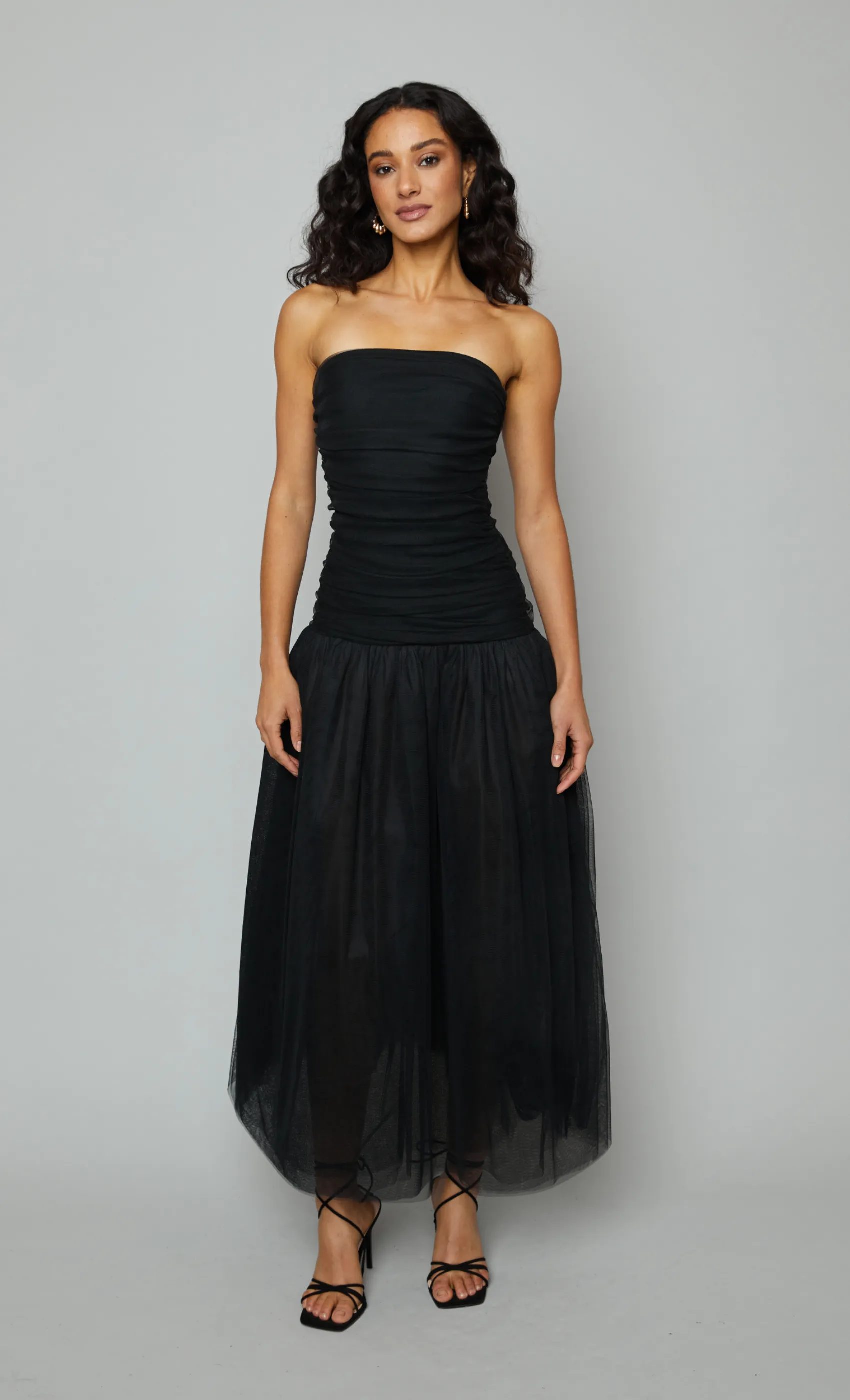 Black Drop Waist Tulle Bandeau Maxi Dress