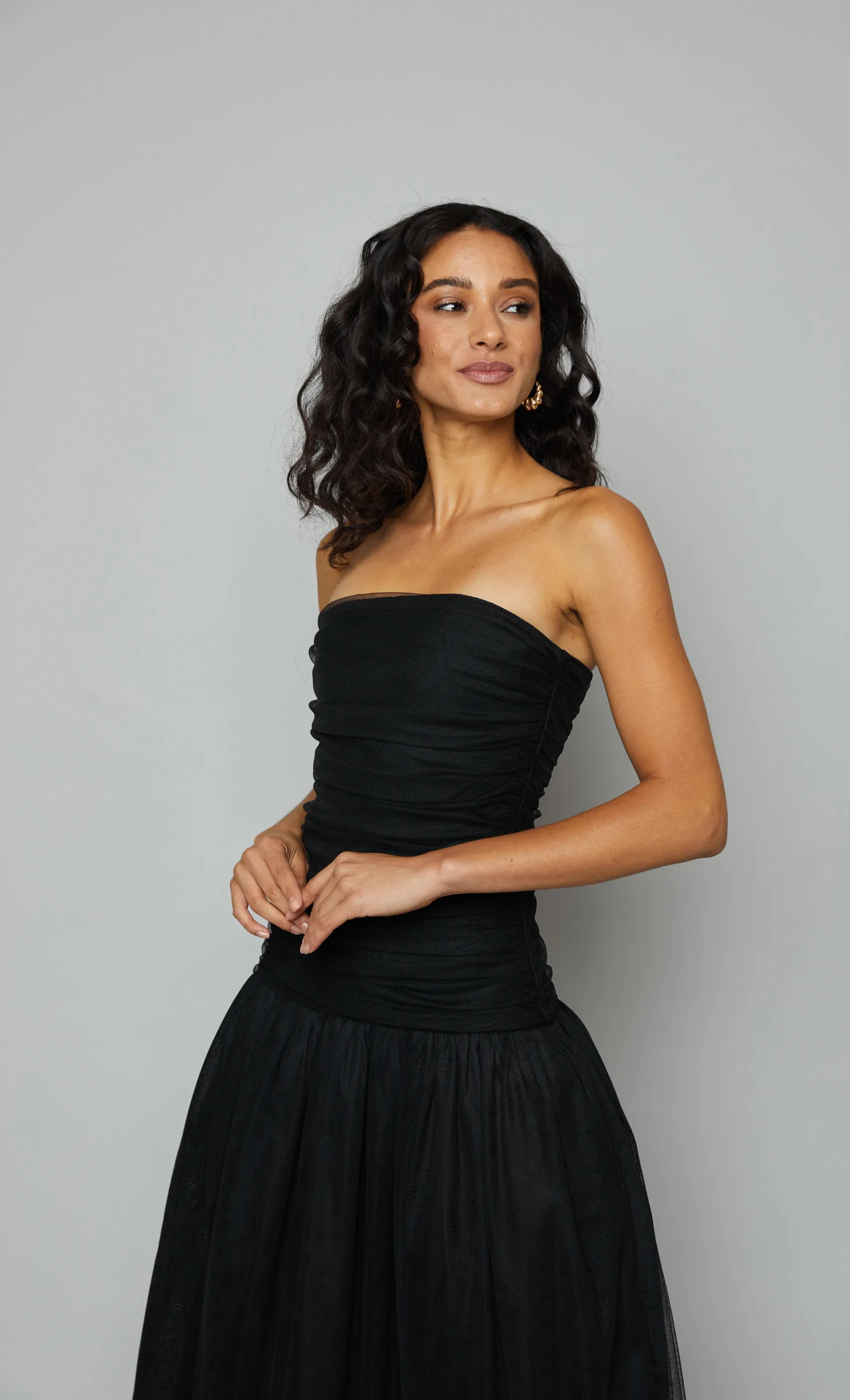 Black Drop Waist Tulle Bandeau Maxi Dress