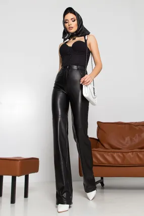 Black Eco Leather Pants Stylish Women Clothing