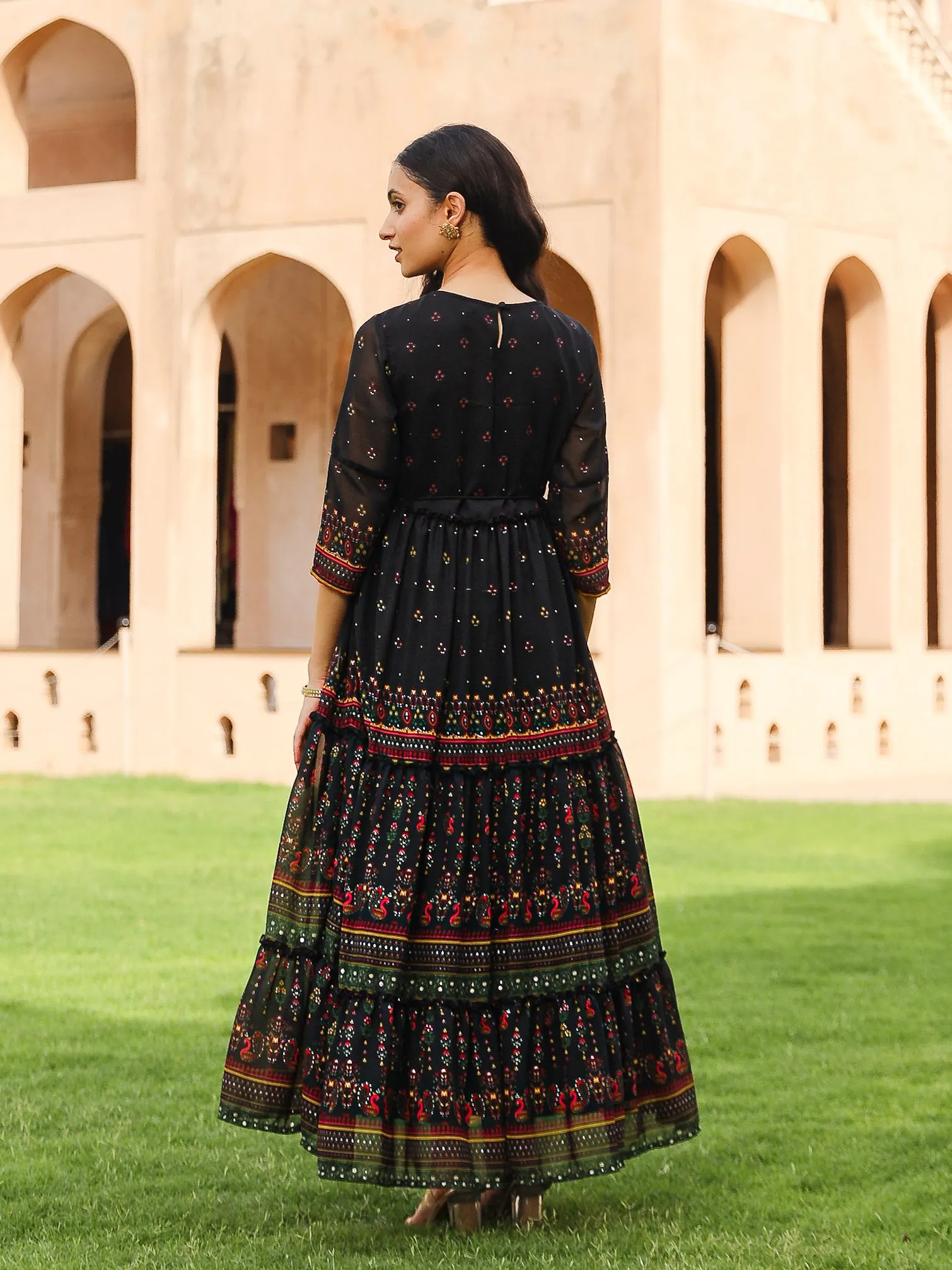 Black Ethnic Motif Printed Georgette Maxi Dress With Sequins & Doris At Waist