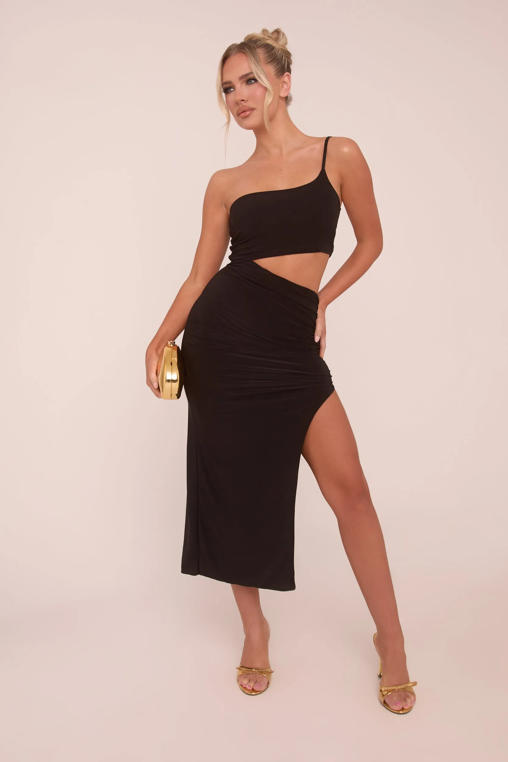 Black One Shoulder Cut Out Midi Dress - Antonia