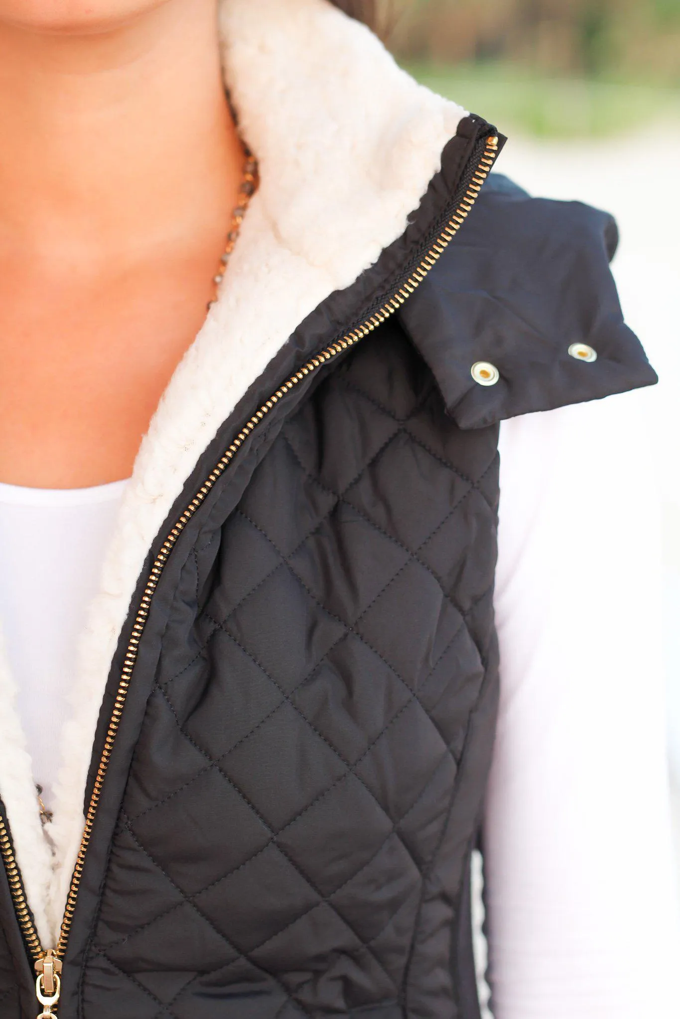 Black Quilted Vest with Fur Collar