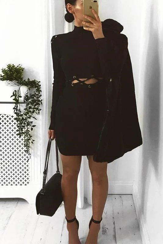 Black Ribbed Cut Out Lace Jumper Dress - Cierra